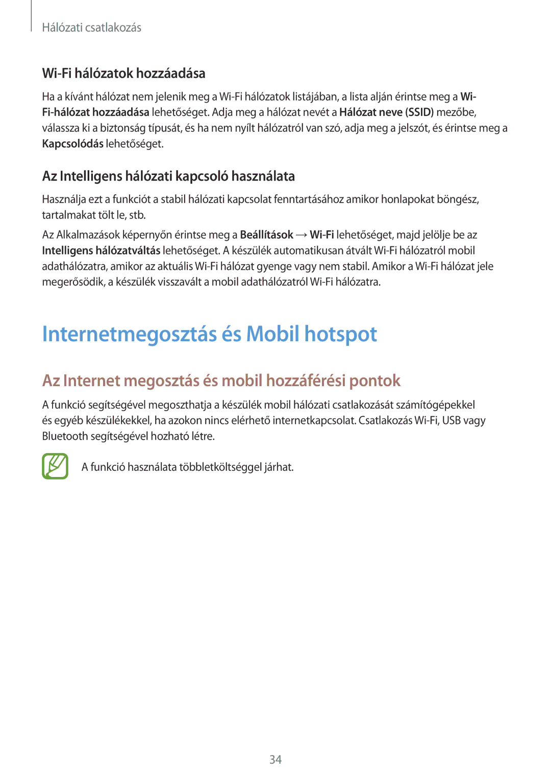 Samsung SM-G110HZKAEUR manual Internetmegosztás és Mobil hotspot, Az Internet megosztás és mobil hozzáférési pontok 