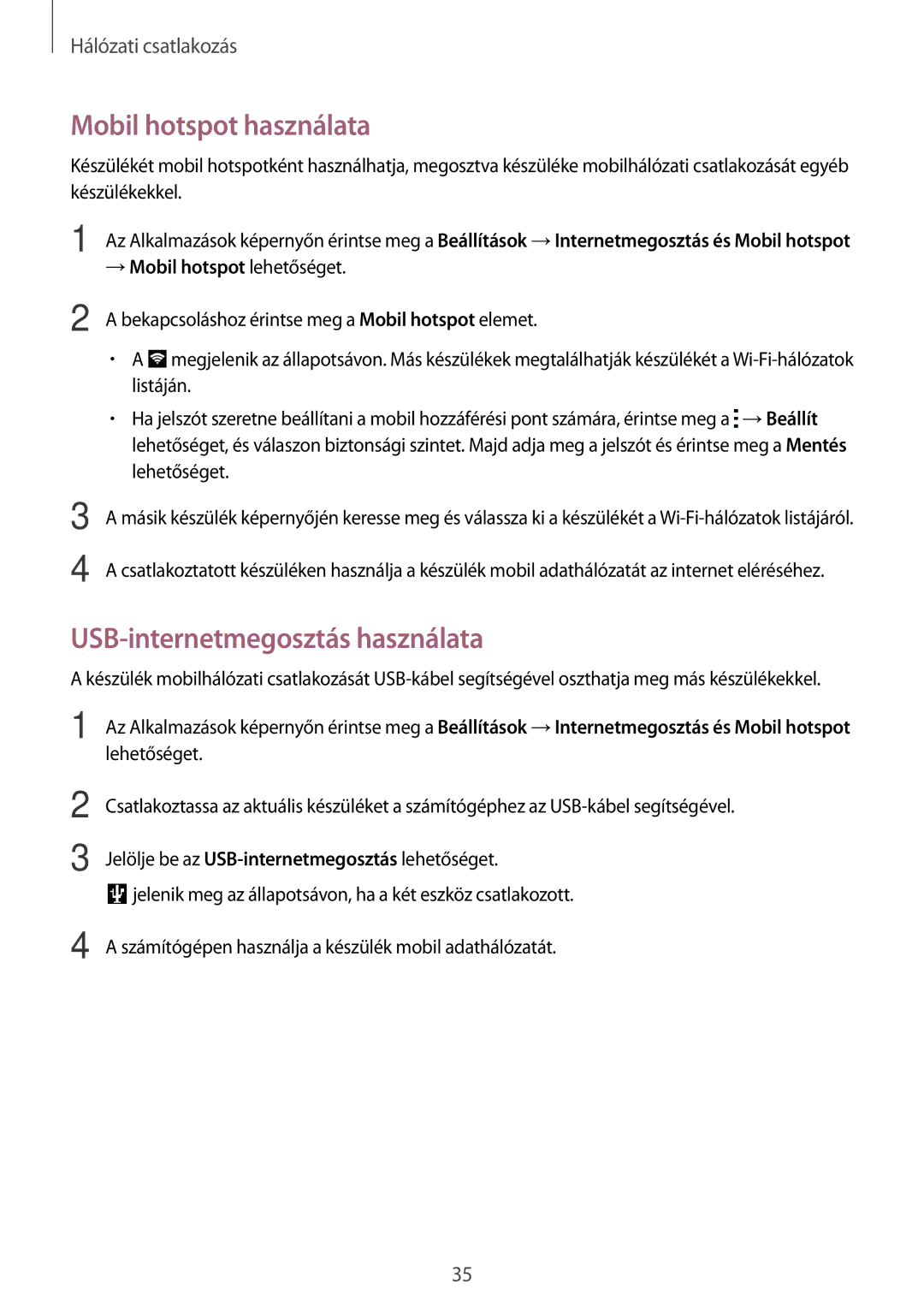 Samsung SM-G110HZKACOS, SM-G110HZKAXEO, SM-G110HZWAXEO manual Mobil hotspot használata, USB-internetmegosztás használata 