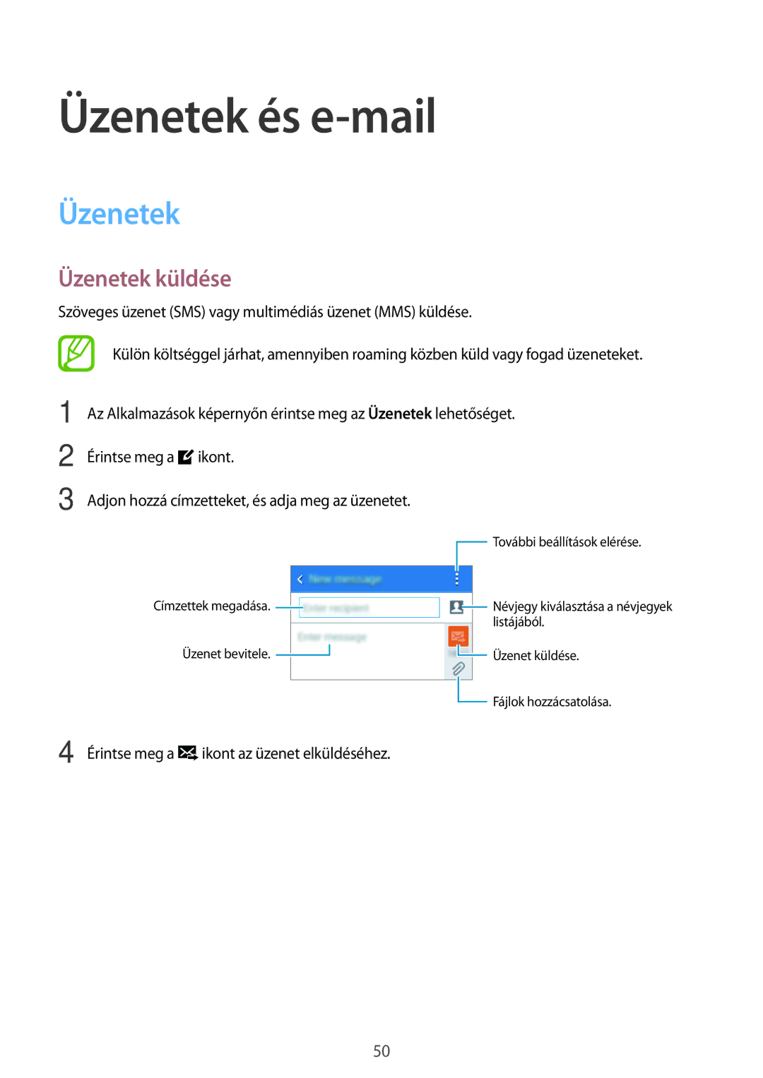 Samsung SM-G110HZKACOS, SM-G110HZKAXEO, SM-G110HZWAXEO, SM-G110HZWAEUR, SM-G110HZWACOS Üzenetek és e-mail, Üzenetek küldése 