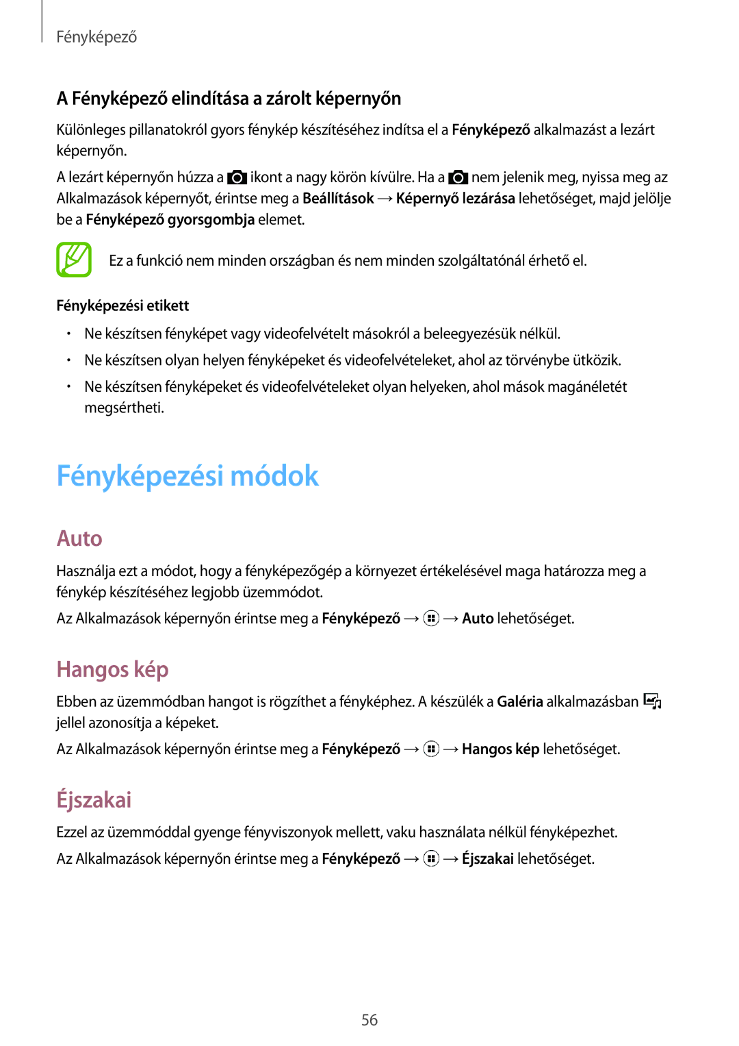 Samsung SM-G110HZWASUW manual Fényképezési módok, Auto, Hangos kép, Éjszakai, Fényképező elindítása a zárolt képernyőn 