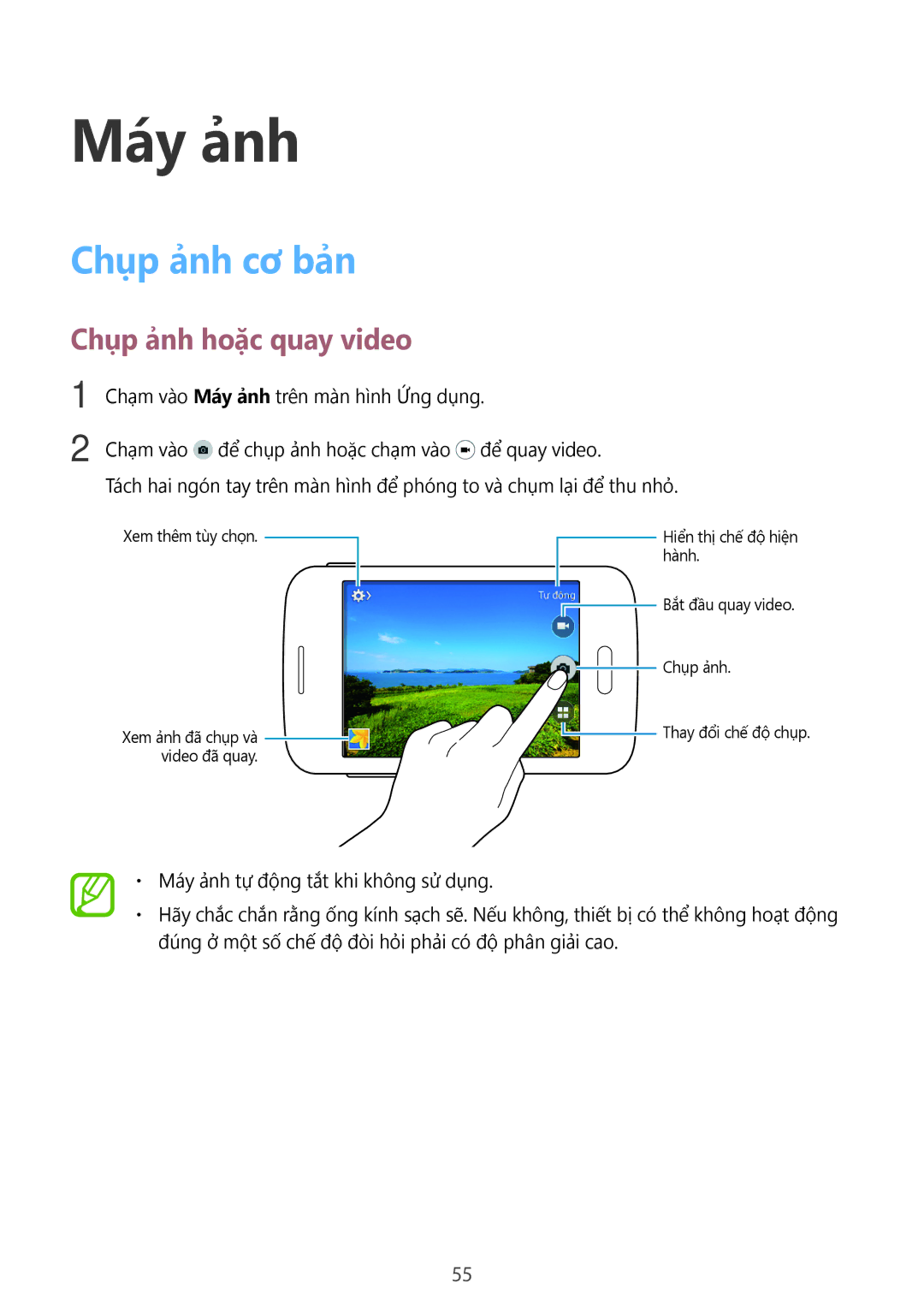 Samsung SM-G110HZWAXXV, SM-G110HZKAXXV manual Máy ảnh, Chụp ảnh cơ bản, Chụp ảnh hoặc quay video 