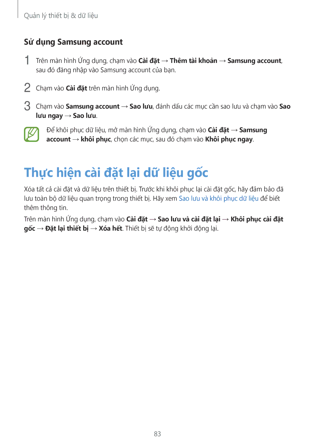 Samsung SM-G110HZWAXXV, SM-G110HZKAXXV manual Thực hiện cài đặt lại dữ liệu gốc, Sử dụng Samsung account 