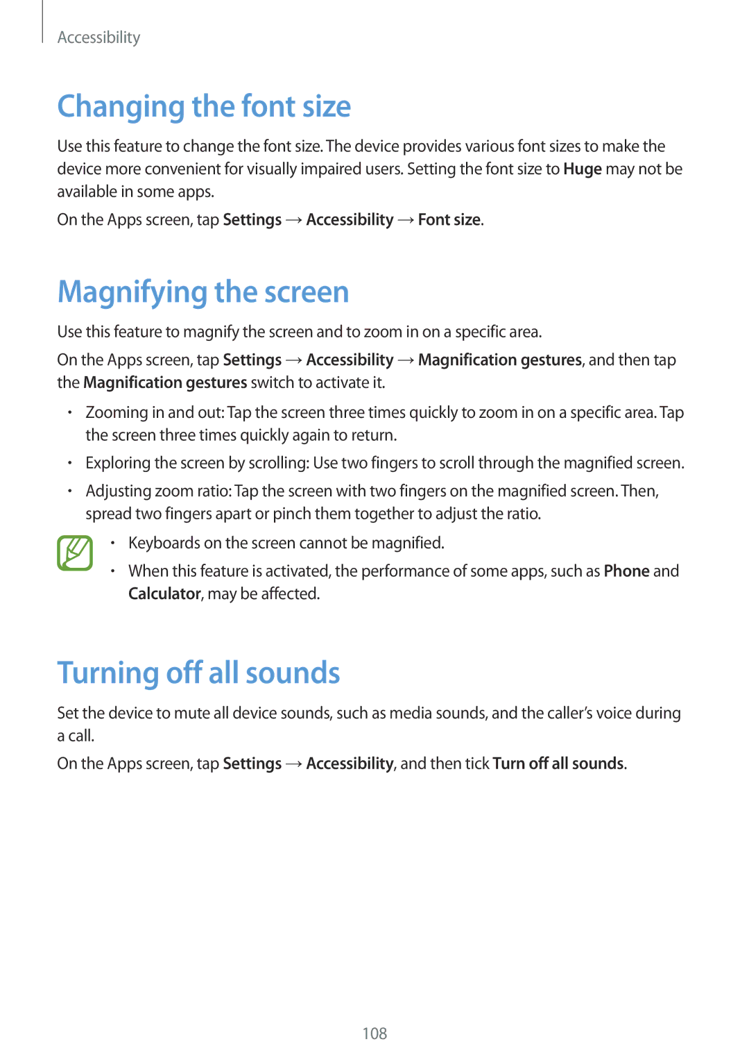 Samsung SM-G110HZKAXXV, SM-G110HZWAXXV manual Changing the font size, Magnifying the screen, Turning off all sounds 