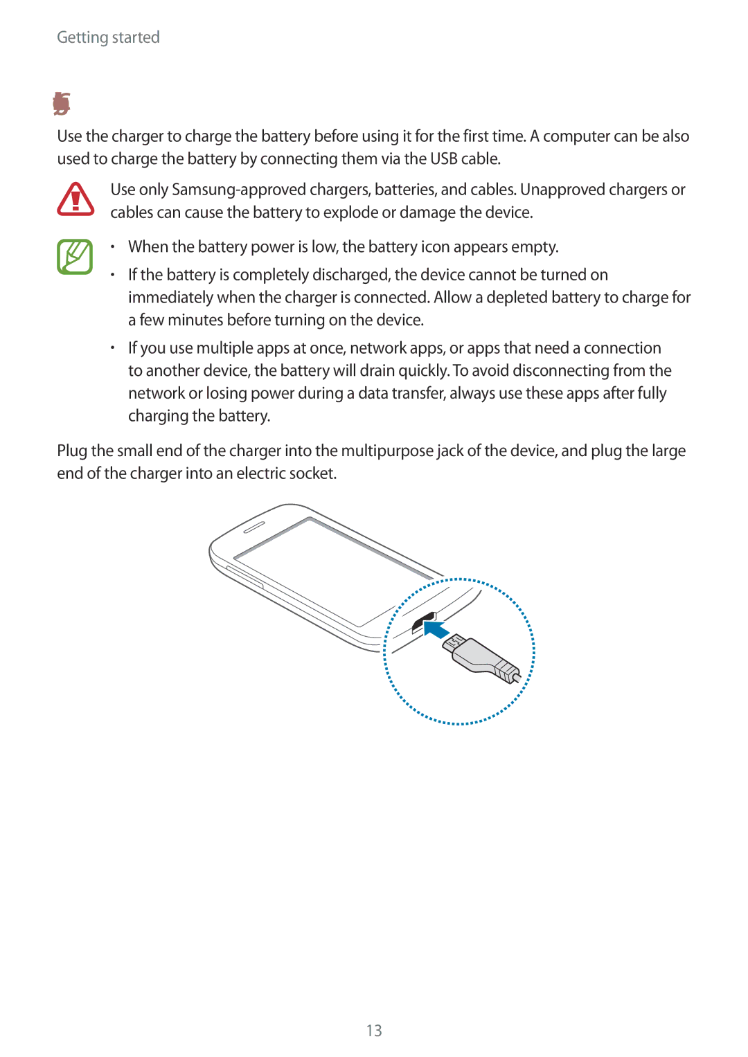 Samsung SM-G110HZWAXXV, SM-G110HZKAXXV manual Charging the battery 