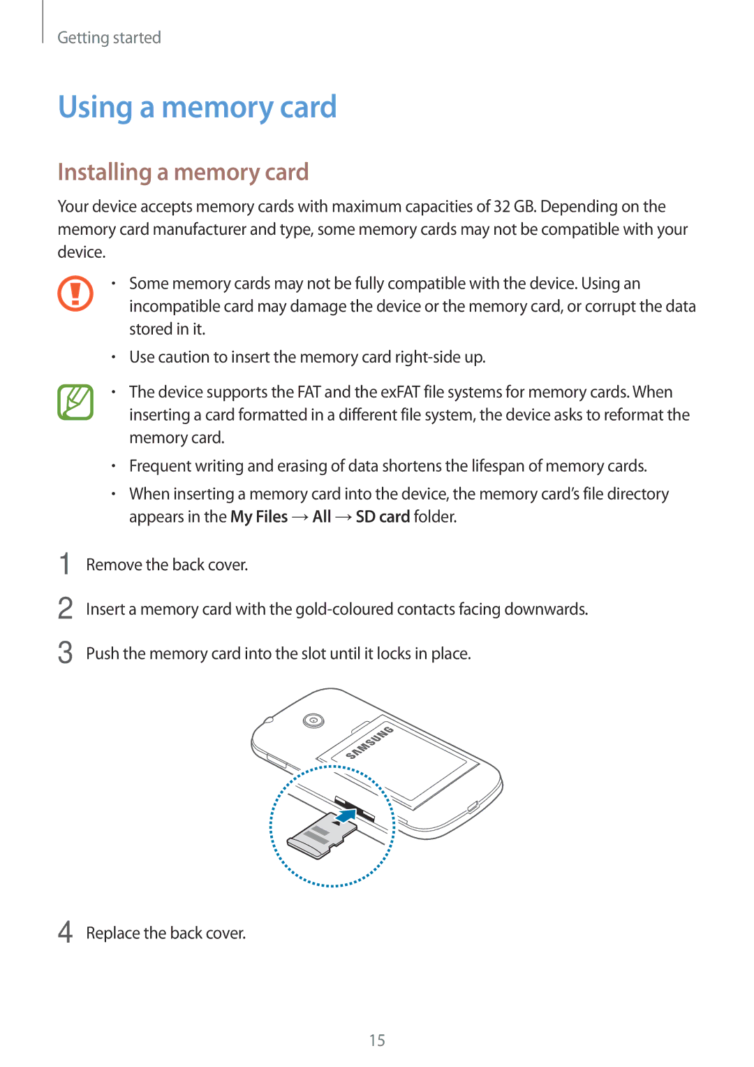 Samsung SM-G110HZWAXXV, SM-G110HZKAXXV manual Using a memory card, Installing a memory card 