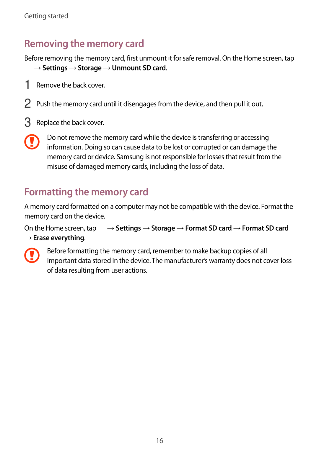 Samsung SM-G110HZKAXXV manual Removing the memory card, Formatting the memory card, →Settings →Storage →Unmount SD card 