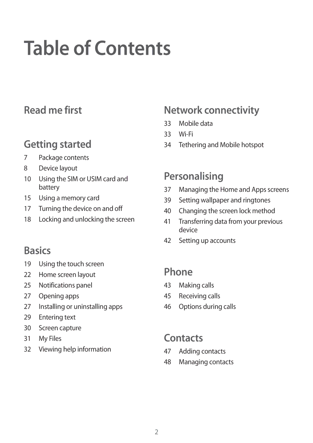 Samsung SM-G110HZKAXXV, SM-G110HZWAXXV manual Table of Contents 