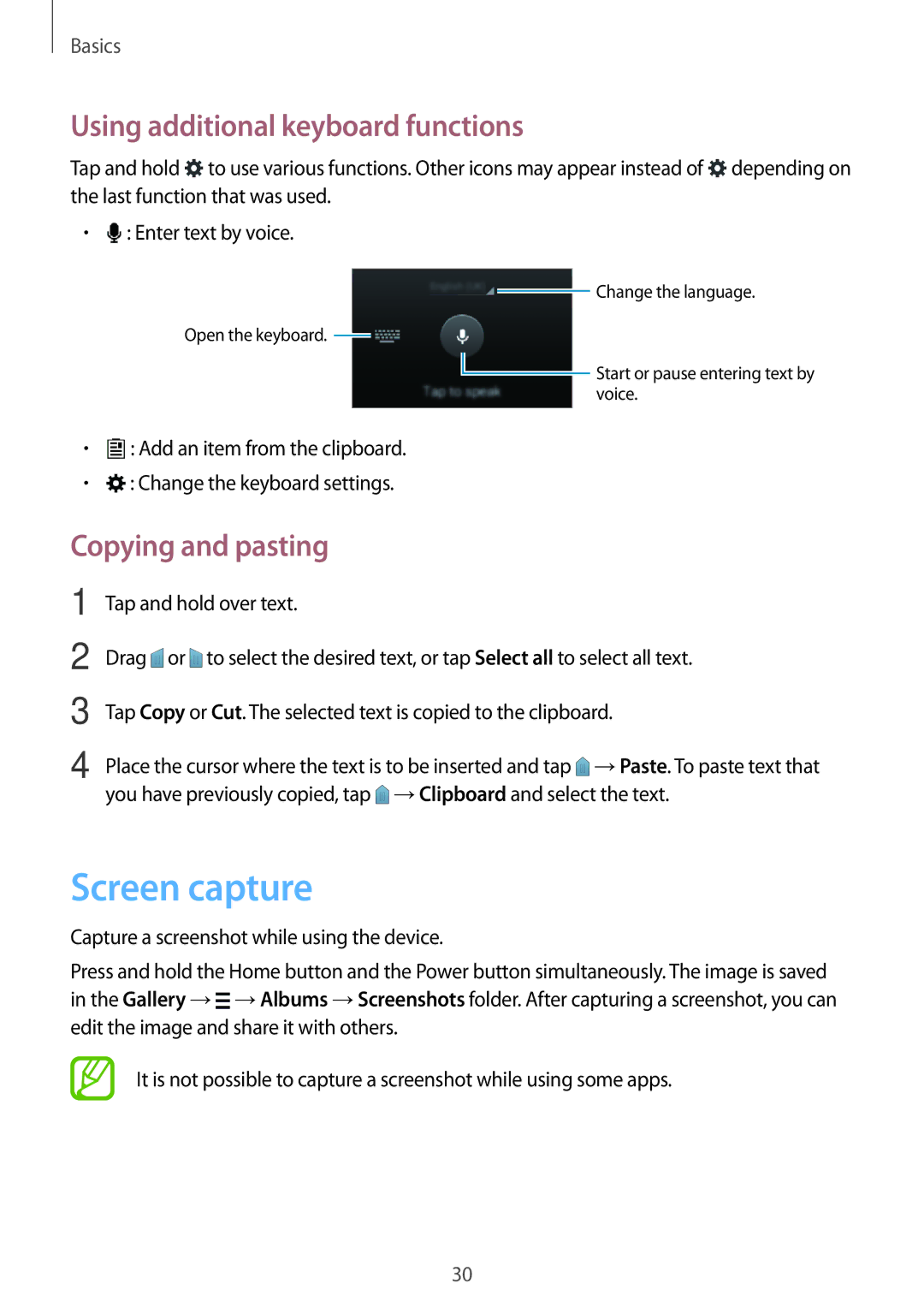 Samsung SM-G110HZKAXXV, SM-G110HZWAXXV manual Screen capture, Using additional keyboard functions, Copying and pasting 