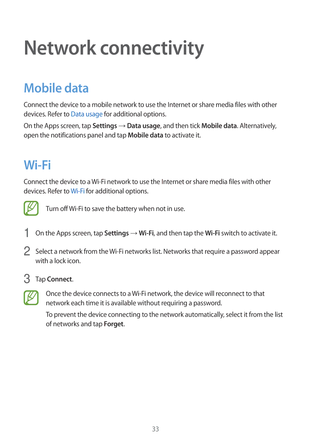 Samsung SM-G110HZWAXXV, SM-G110HZKAXXV manual Network connectivity, Mobile data, Wi-Fi, Tap Connect 