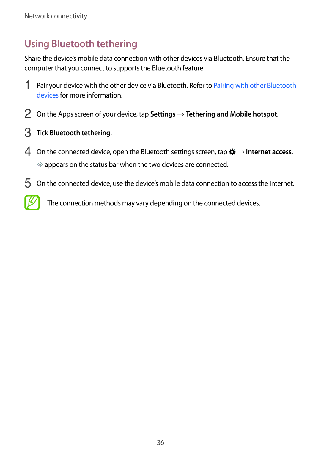 Samsung SM-G110HZKAXXV, SM-G110HZWAXXV manual Using Bluetooth tethering, Tick Bluetooth tethering 