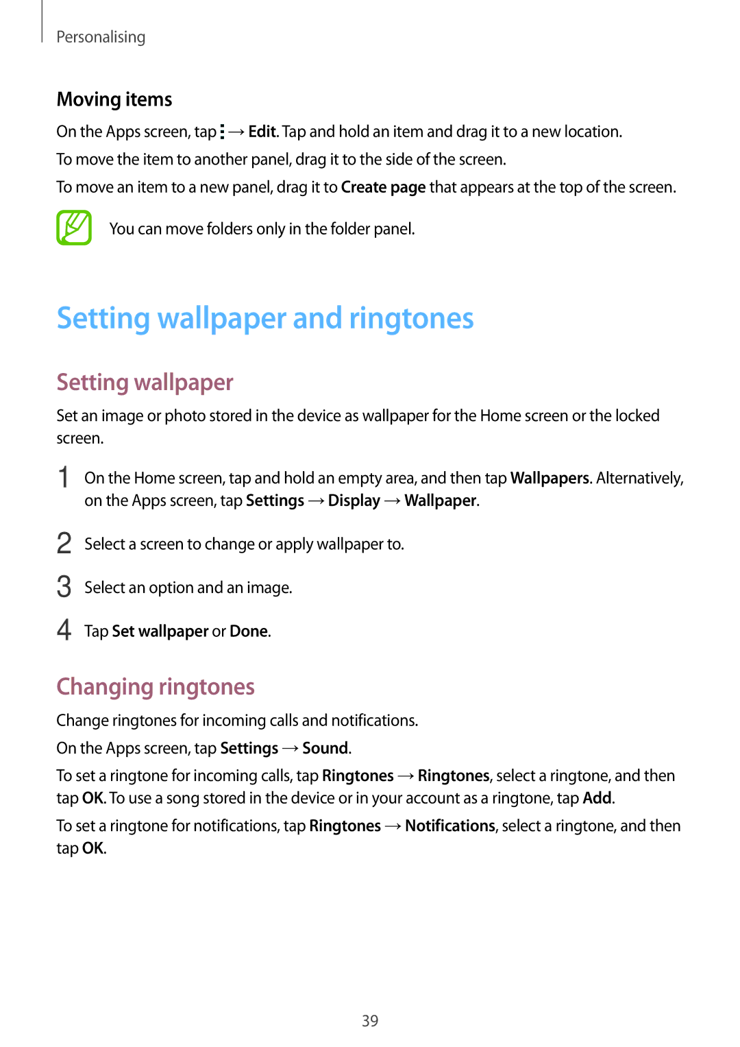 Samsung SM-G110HZWAXXV manual Setting wallpaper and ringtones, Changing ringtones, Moving items, Tap Set wallpaper or Done 