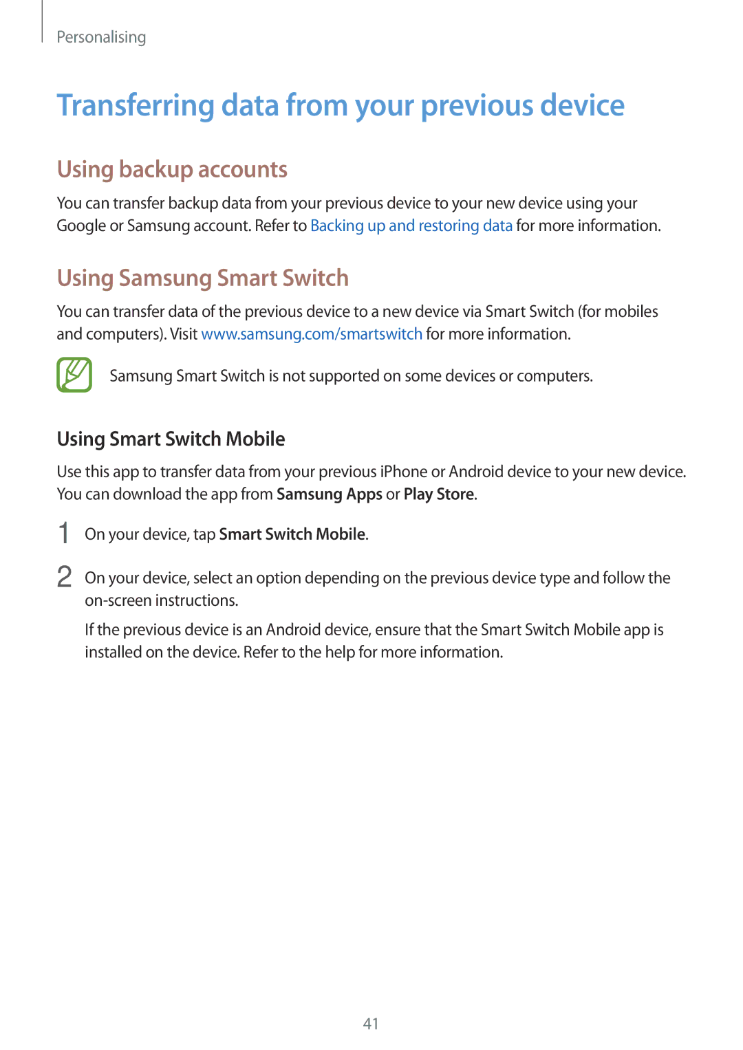 Samsung SM-G110HZWAXXV Transferring data from your previous device, Using backup accounts, Using Samsung Smart Switch 