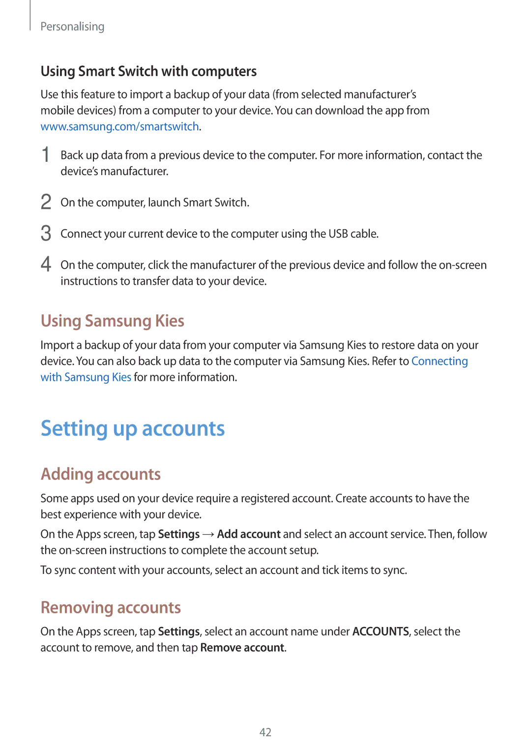 Samsung SM-G110HZKAXXV, SM-G110HZWAXXV manual Setting up accounts, Using Samsung Kies, Adding accounts, Removing accounts 