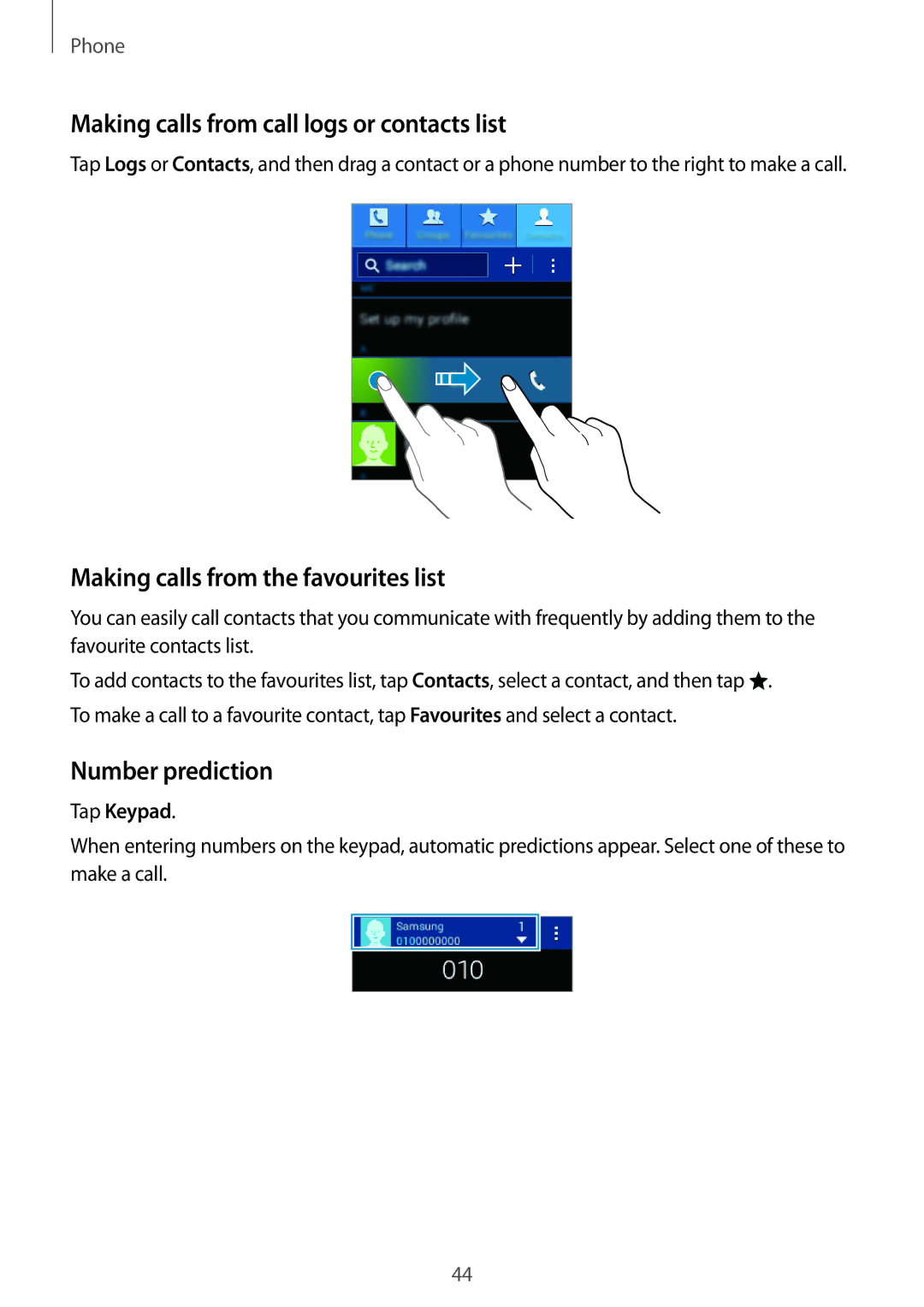 Samsung SM-G110HZKAXXV Making calls from call logs or contacts list, Making calls from the favourites list, Tap Keypad 