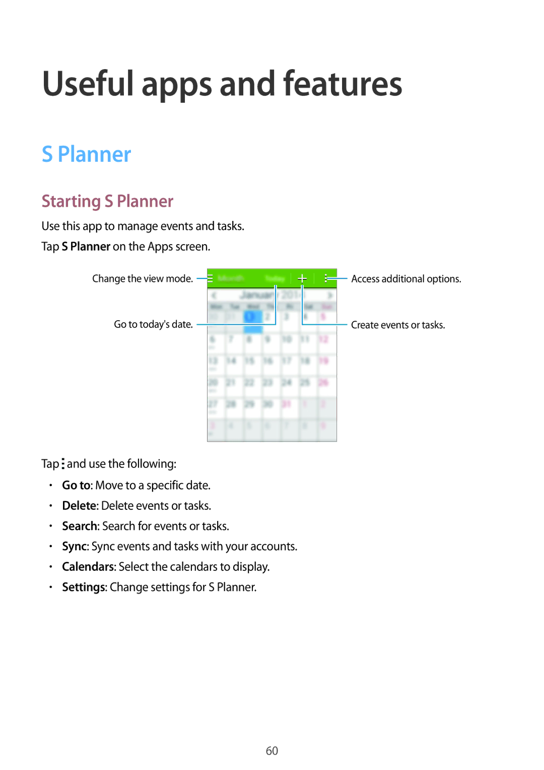 Samsung SM-G110HZKAXXV, SM-G110HZWAXXV manual Useful apps and features, Starting S Planner 