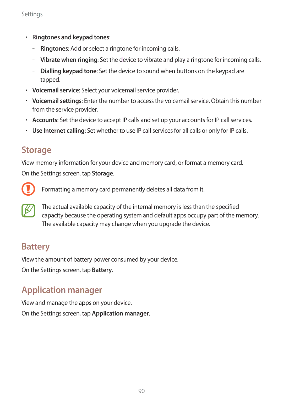Samsung SM-G110HZKAXXV, SM-G110HZWAXXV manual Storage, Battery, Application manager, Ringtones and keypad tones 