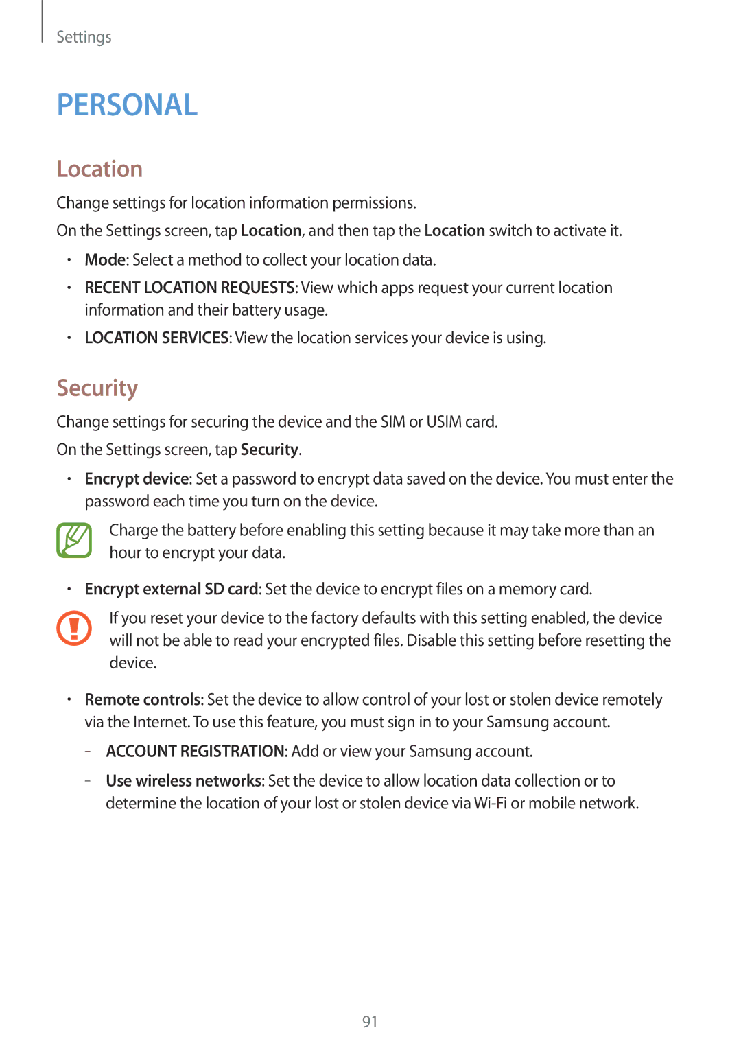 Samsung SM-G110HZWAXXV, SM-G110HZKAXXV manual Location, Security 