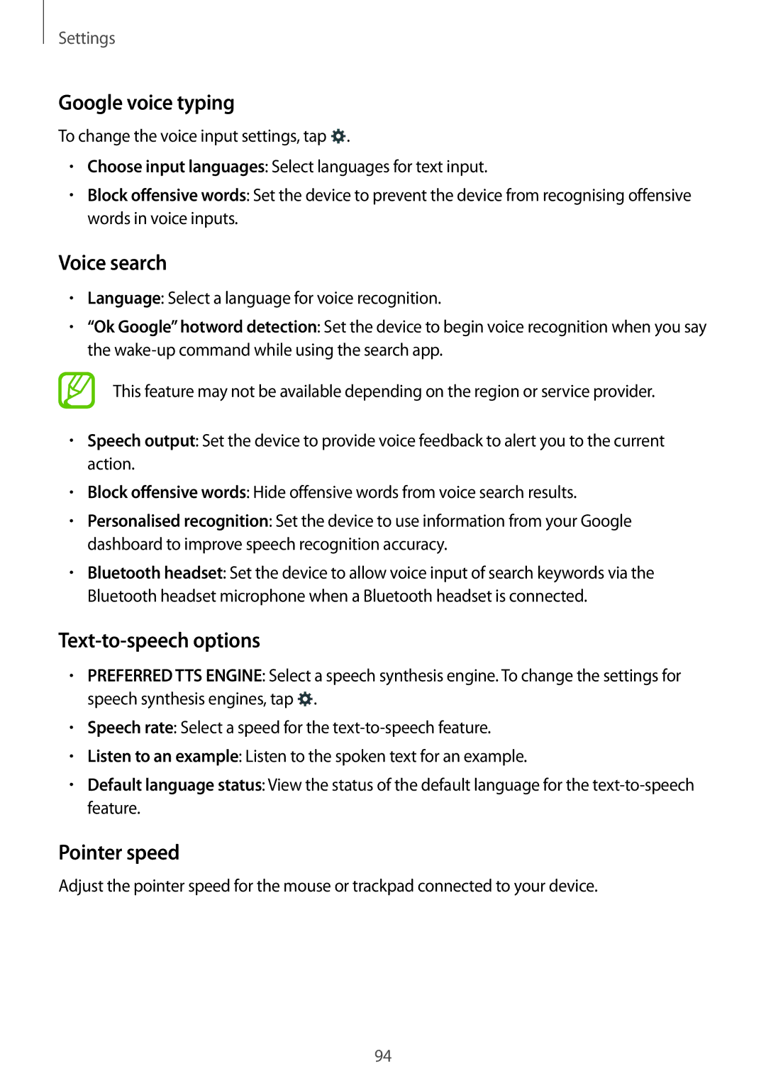 Samsung SM-G110HZKAXXV, SM-G110HZWAXXV manual Google voice typing, Text-to-speech options, Pointer speed 
