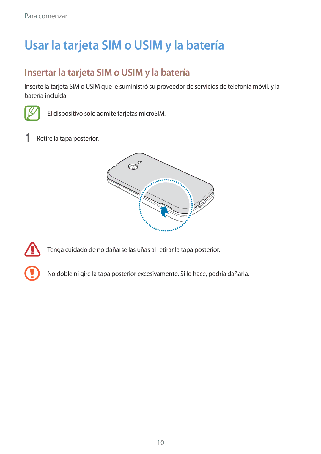 Samsung SM-G110HZWAPHE manual Usar la tarjeta SIM o Usim y la batería, Insertar la tarjeta SIM o Usim y la batería 