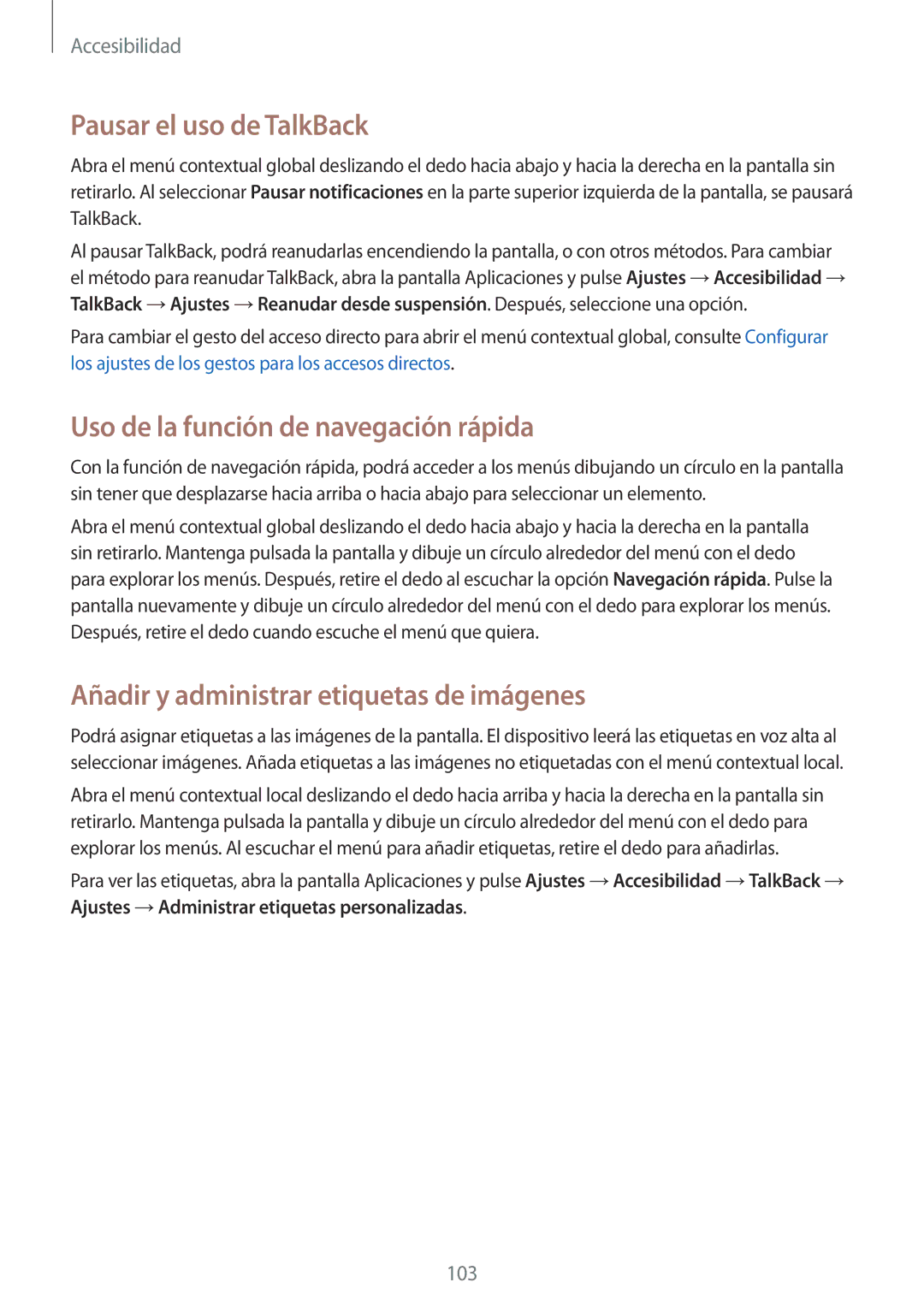 Samsung SM-G110HZWAPHE manual Pausar el uso de TalkBack, Uso de la función de navegación rápida 