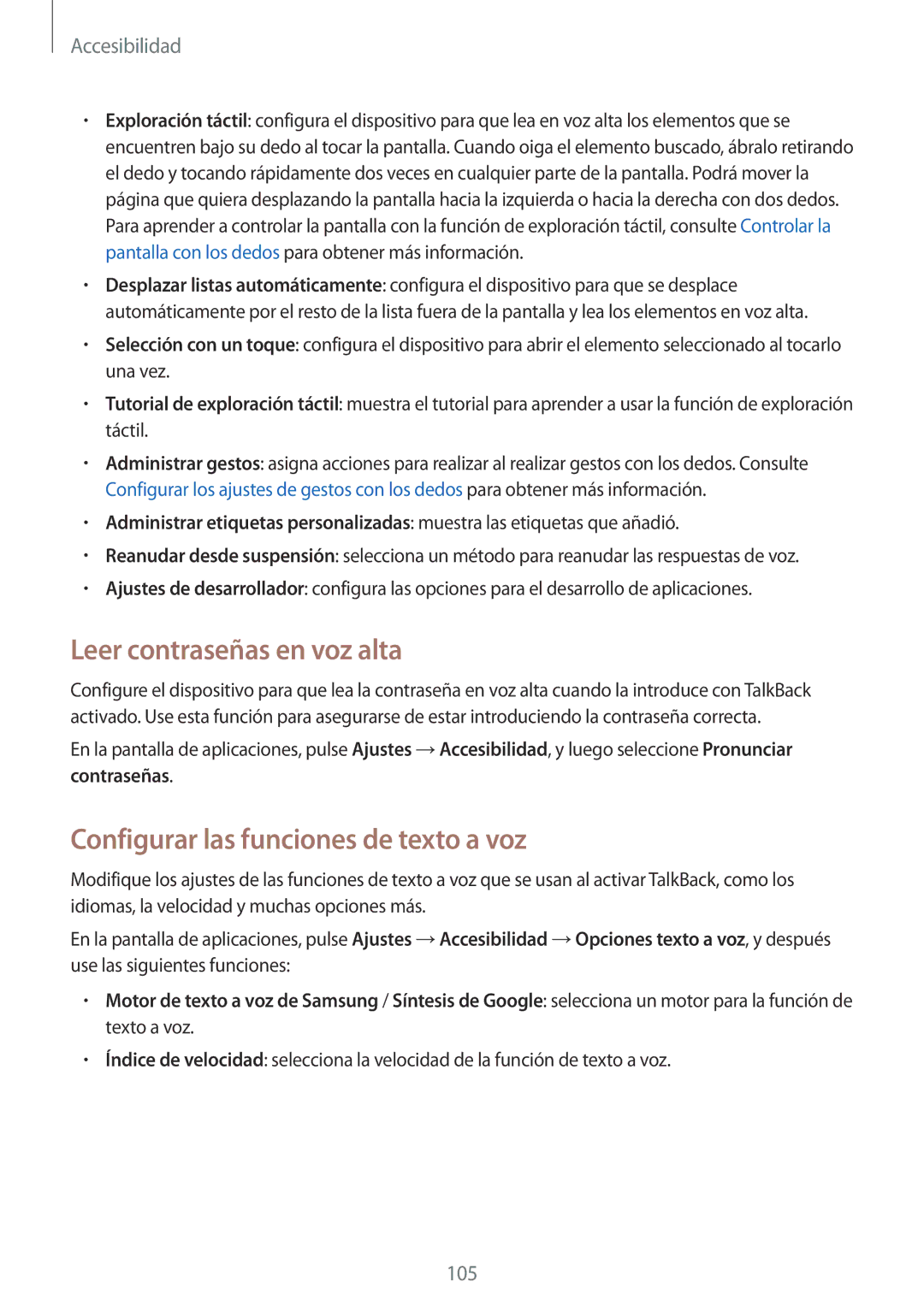 Samsung SM-G110HZWAPHE manual Leer contraseñas en voz alta, Configurar las funciones de texto a voz 