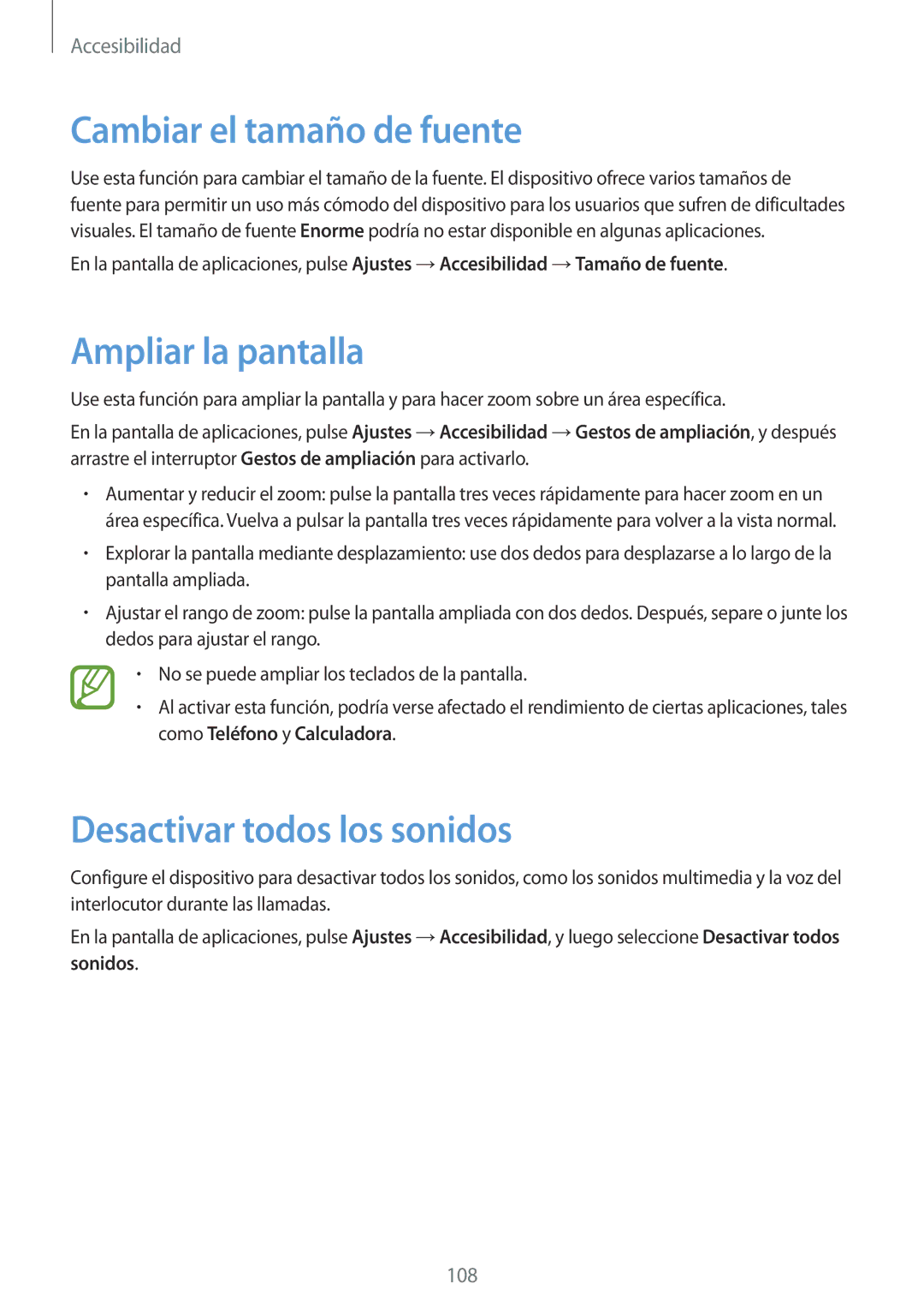 Samsung SM-G110HZWAPHE manual Cambiar el tamaño de fuente, Ampliar la pantalla, Desactivar todos los sonidos 