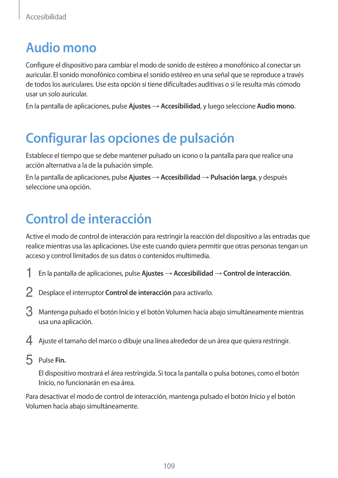 Samsung SM-G110HZWAPHE manual Audio mono, Configurar las opciones de pulsación, Control de interacción 