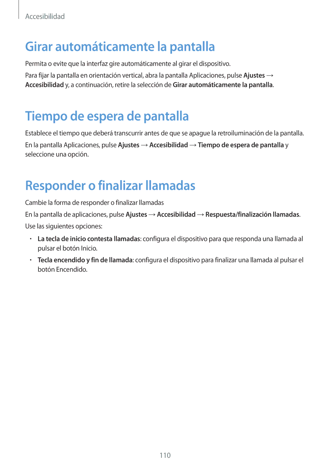 Samsung SM-G110HZWAPHE Girar automáticamente la pantalla, Tiempo de espera de pantalla, Responder o finalizar llamadas 