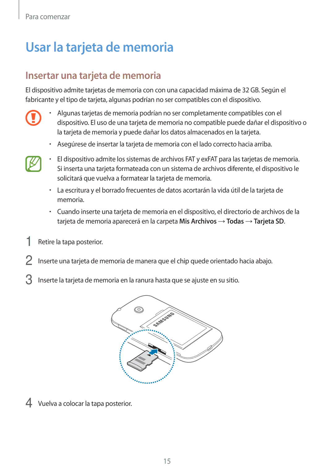 Samsung SM-G110HZWAPHE manual Usar la tarjeta de memoria, Insertar una tarjeta de memoria 