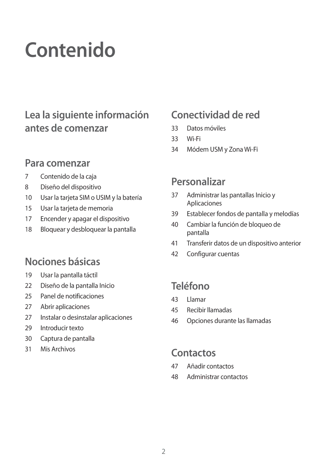 Samsung SM-G110HZWAPHE manual Contenido, Para comenzar 