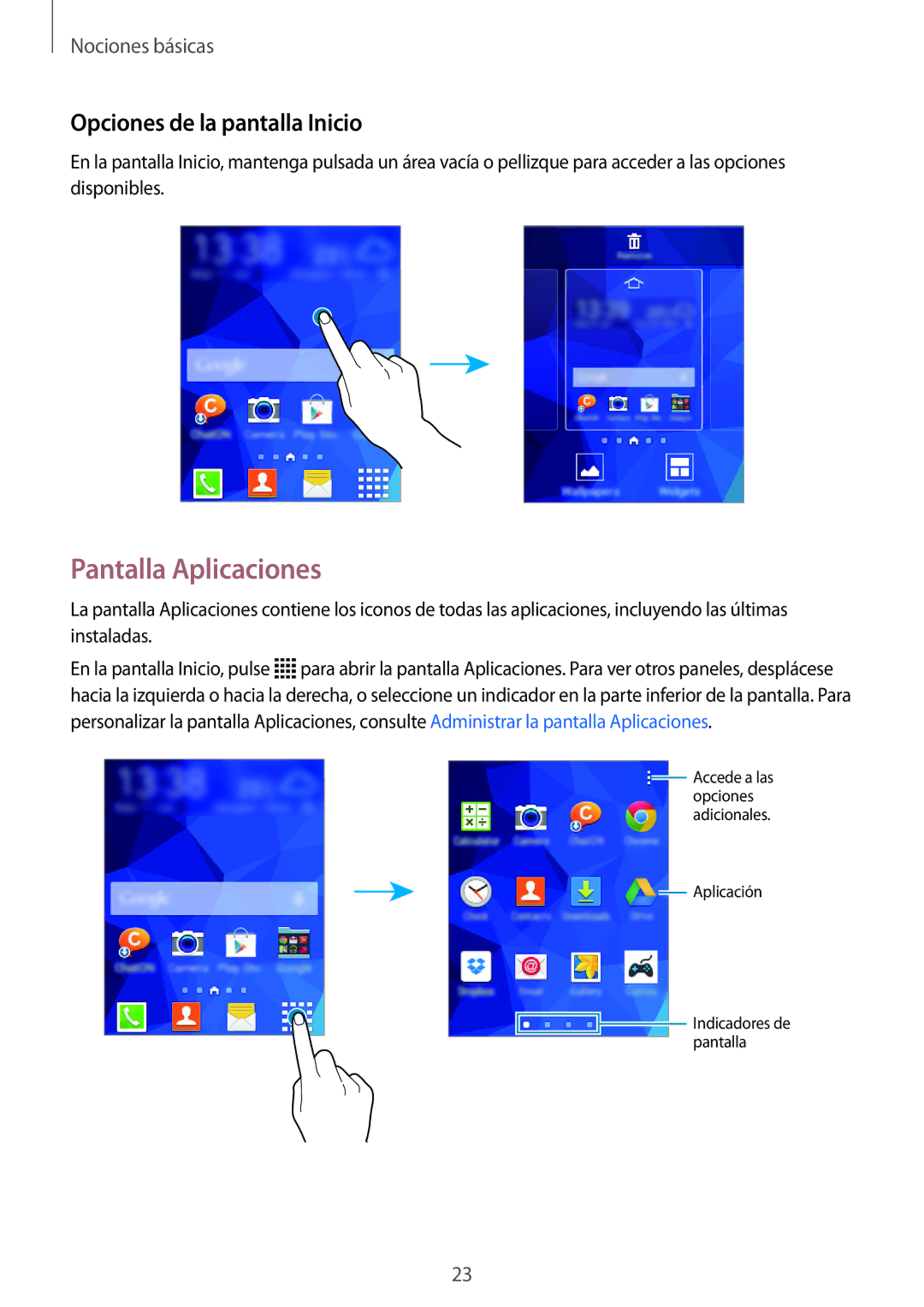 Samsung SM-G110HZWAPHE manual Pantalla Aplicaciones, Opciones de la pantalla Inicio 