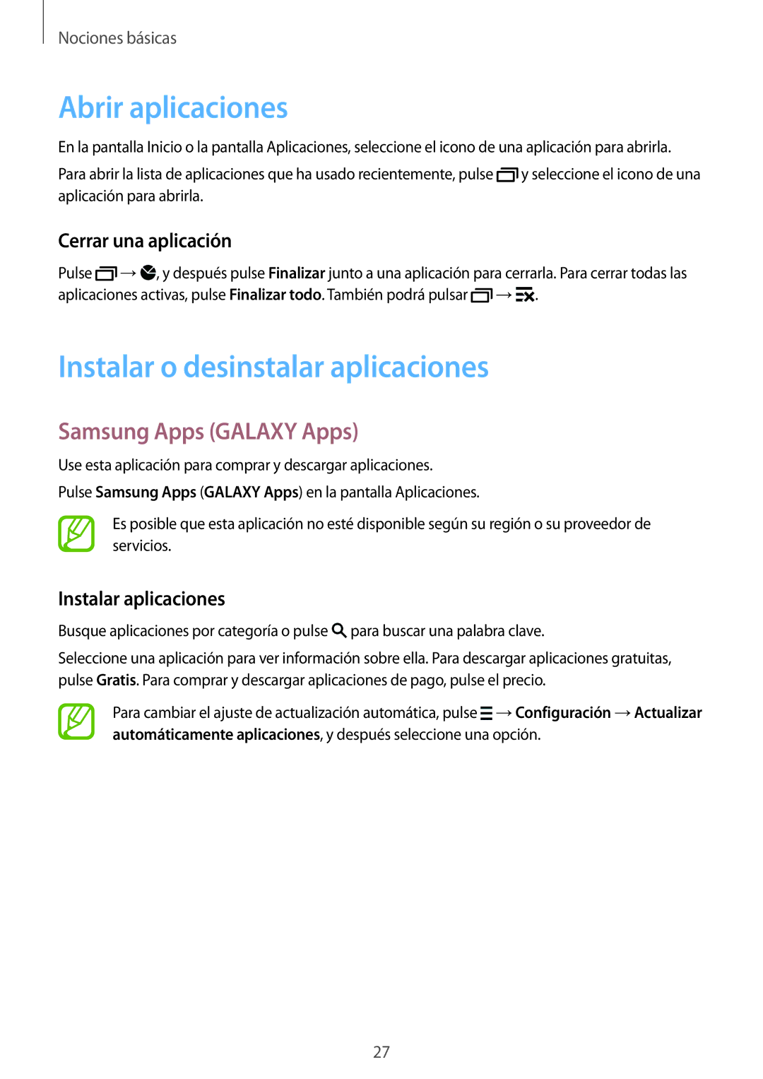 Samsung SM-G110HZWAPHE manual Abrir aplicaciones, Instalar o desinstalar aplicaciones, Samsung Apps Galaxy Apps 