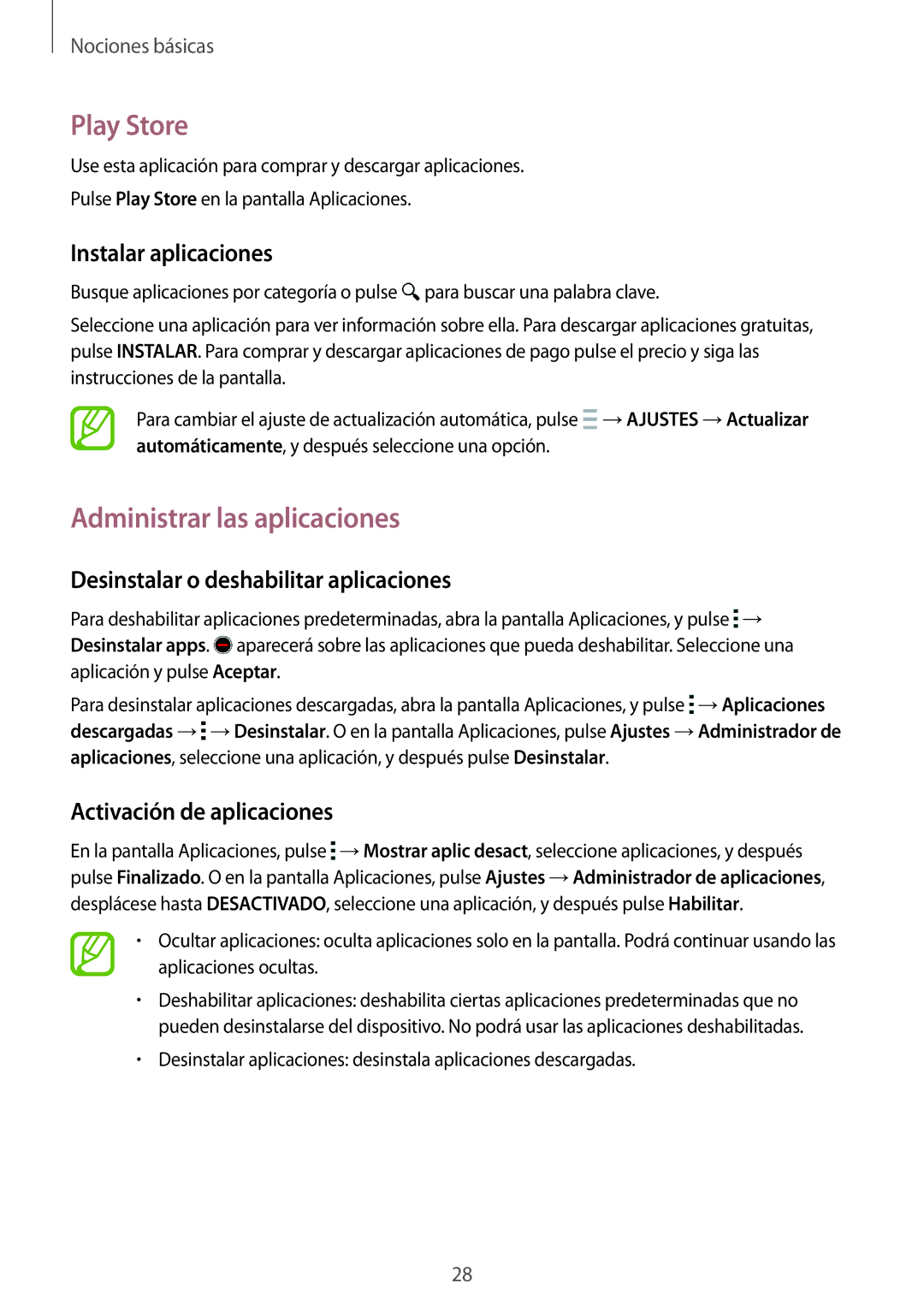 Samsung SM-G110HZWAPHE manual Play Store, Administrar las aplicaciones, Desinstalar o deshabilitar aplicaciones 