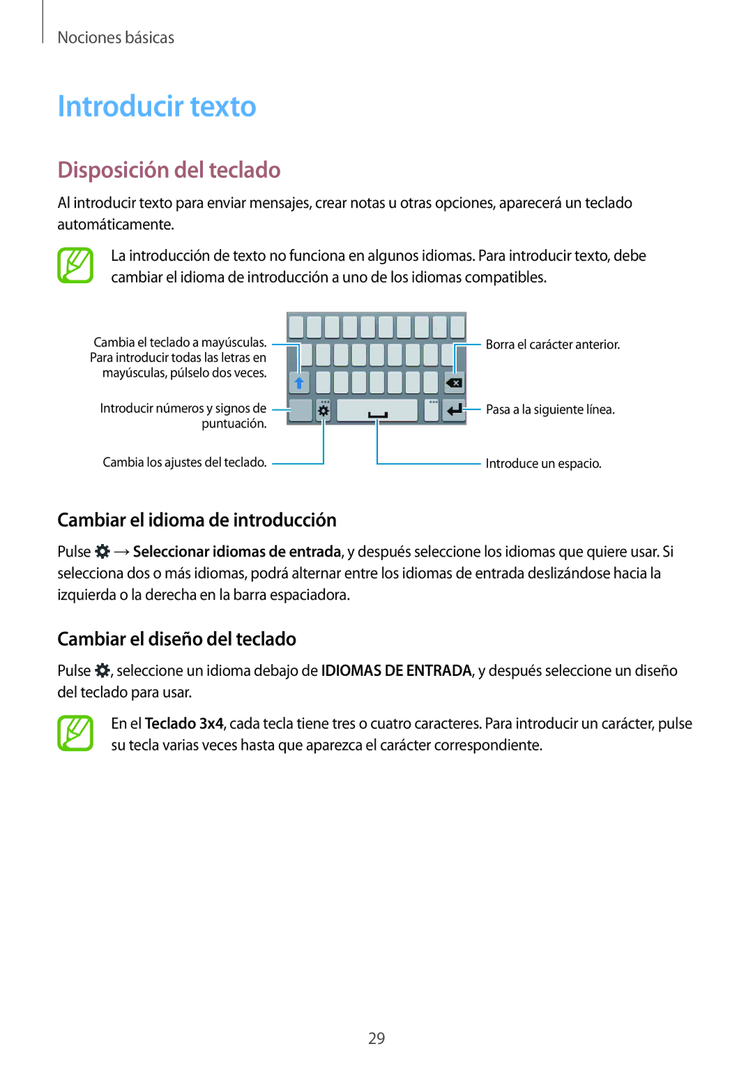 Samsung SM-G110HZWAPHE manual Introducir texto, Disposición del teclado, Cambiar el idioma de introducción 