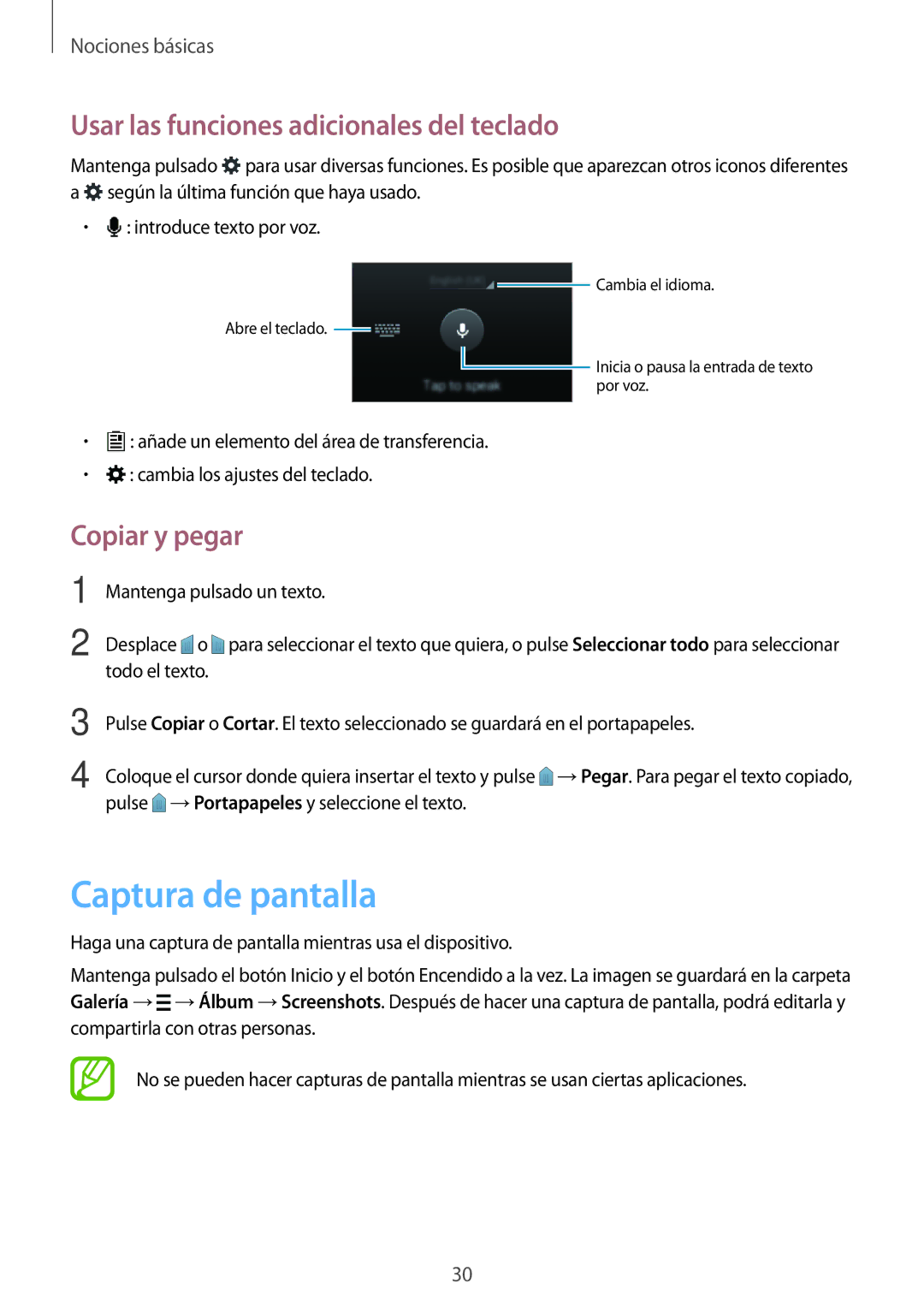 Samsung SM-G110HZWAPHE manual Captura de pantalla, Usar las funciones adicionales del teclado, Copiar y pegar 