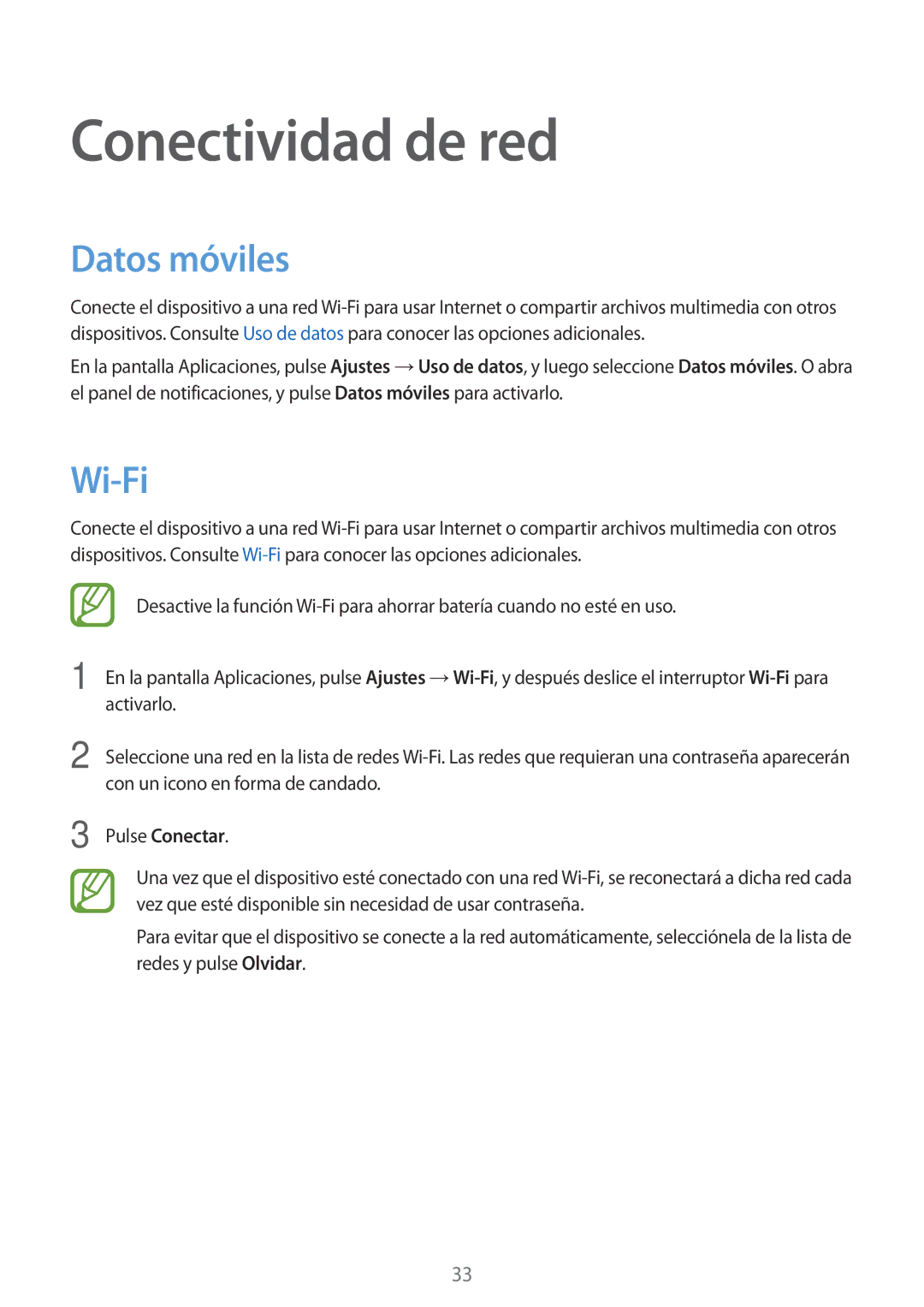 Samsung SM-G110HZWAPHE manual Conectividad de red, Datos móviles, Wi-Fi, Pulse Conectar 