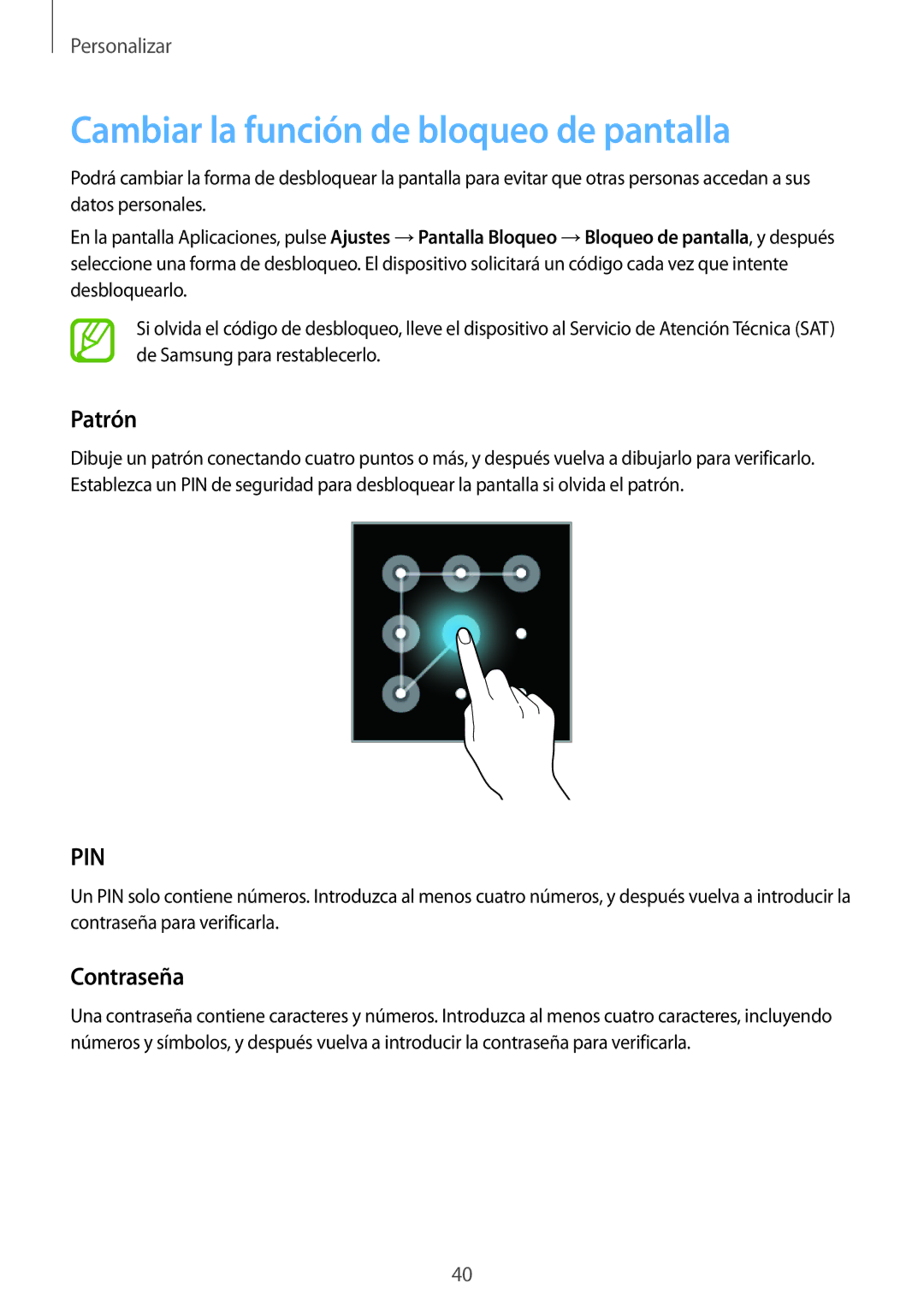 Samsung SM-G110HZWAPHE manual Cambiar la función de bloqueo de pantalla, Patrón, Contraseña 