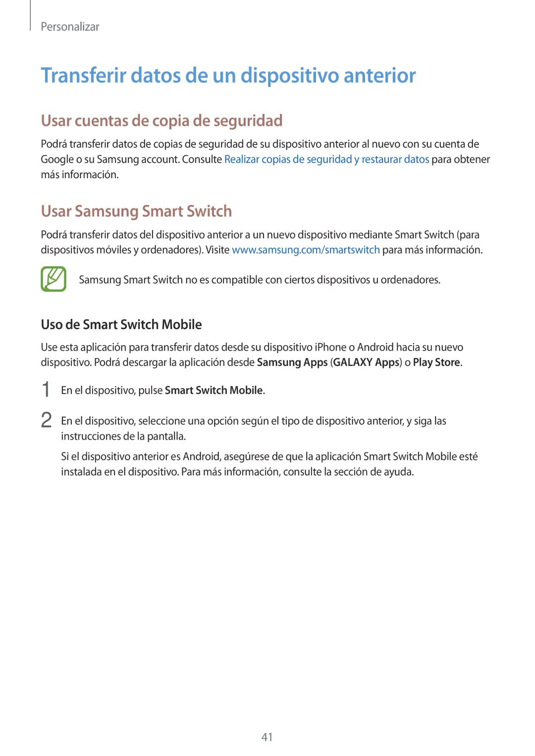 Samsung SM-G110HZWAPHE manual Transferir datos de un dispositivo anterior, Usar cuentas de copia de seguridad 