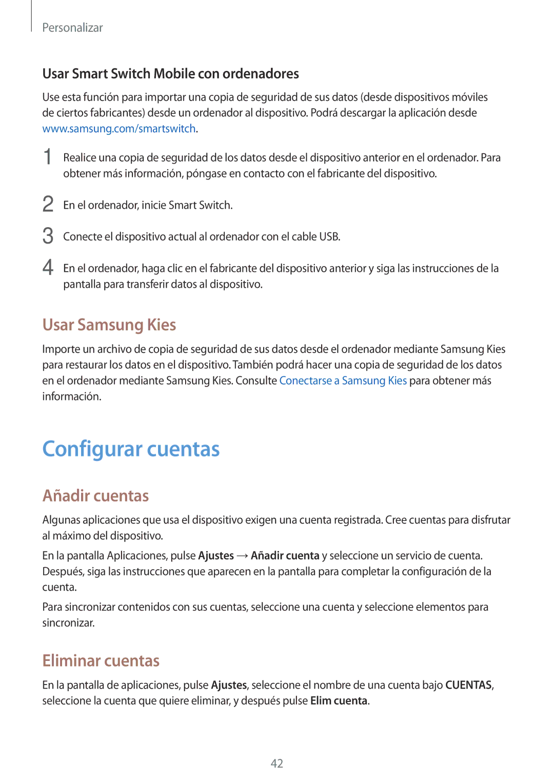 Samsung SM-G110HZWAPHE manual Configurar cuentas, Usar Samsung Kies, Añadir cuentas, Eliminar cuentas 