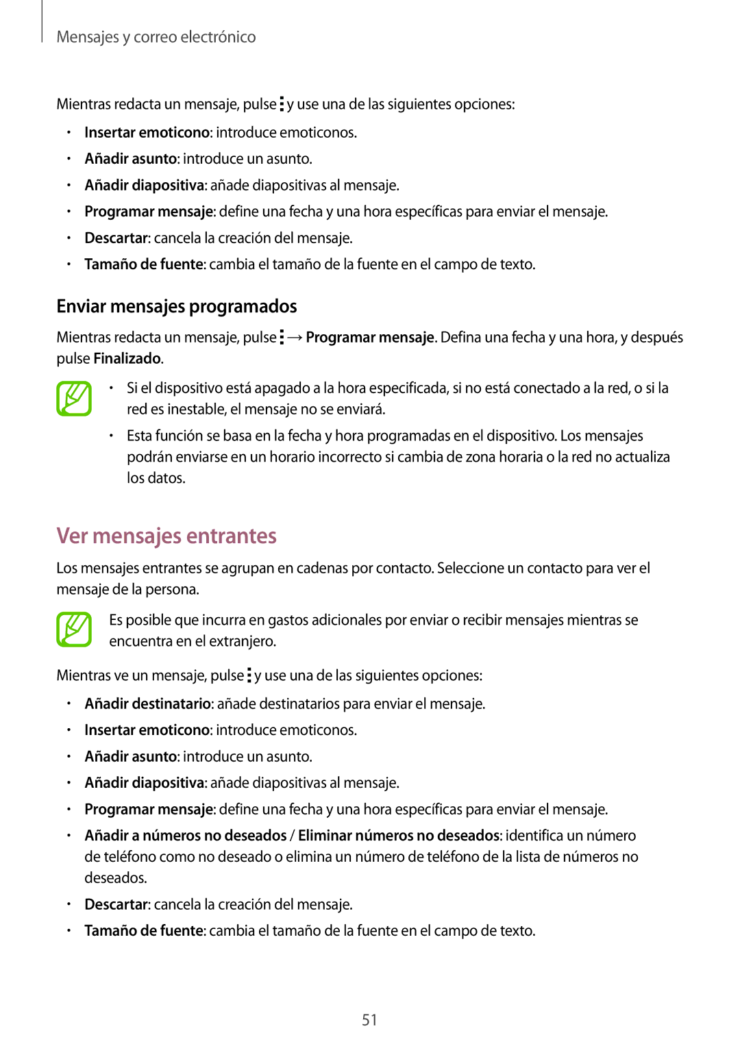 Samsung SM-G110HZWAPHE manual Ver mensajes entrantes, Enviar mensajes programados 