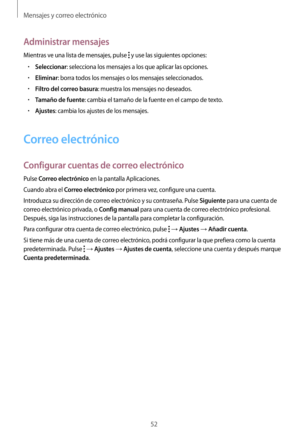 Samsung SM-G110HZWAPHE manual Correo electrónico, Administrar mensajes, Configurar cuentas de correo electrónico 