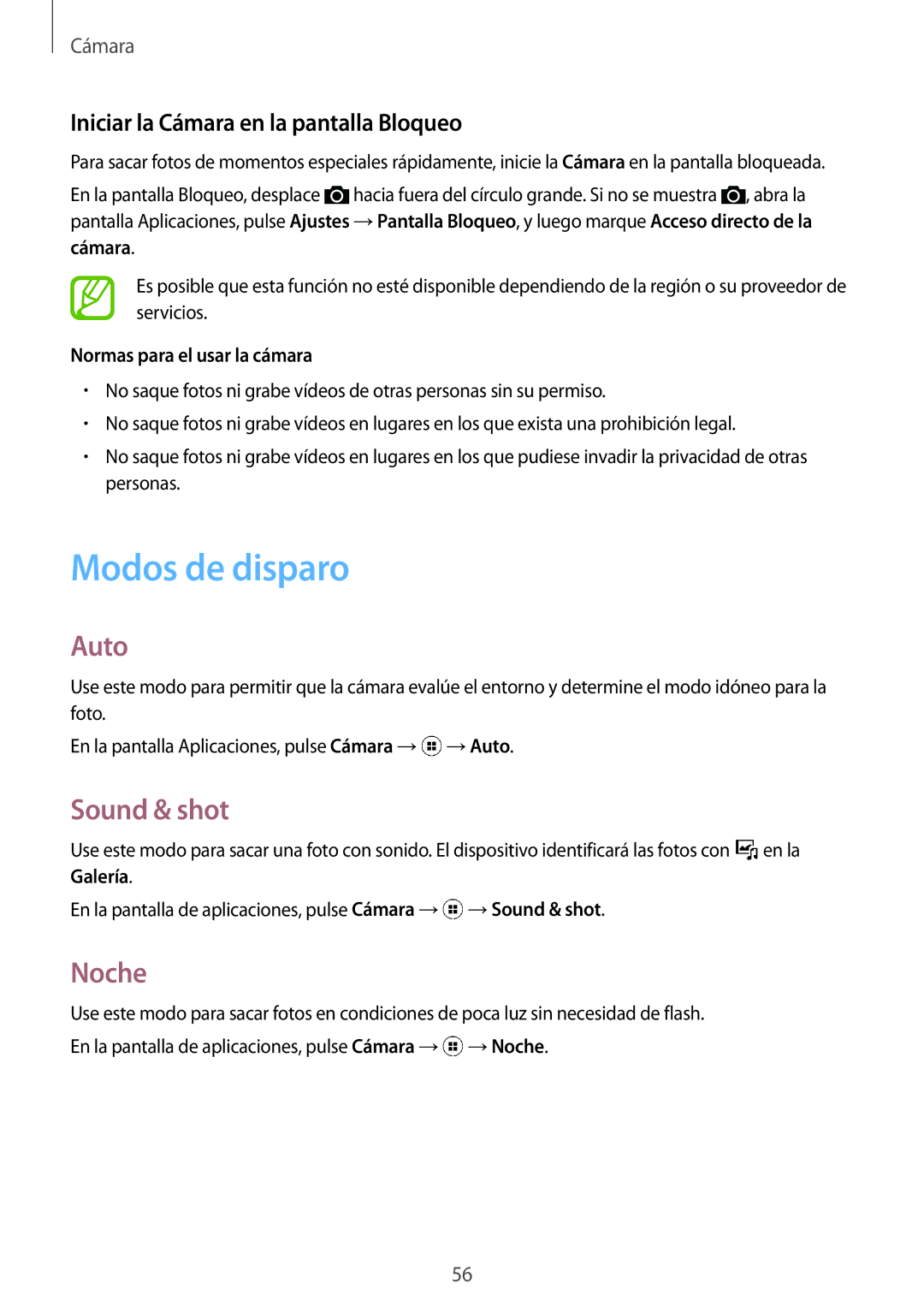 Samsung SM-G110HZWAPHE manual Modos de disparo, Auto, Sound & shot, Noche, Iniciar la Cámara en la pantalla Bloqueo 