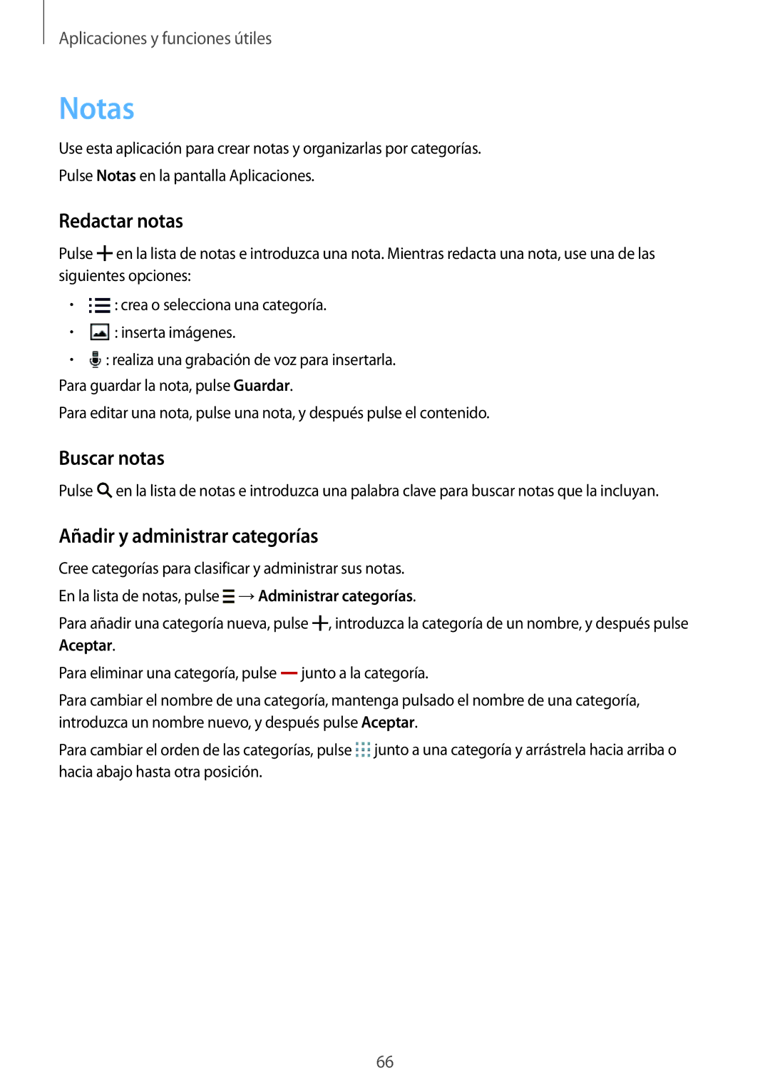 Samsung SM-G110HZWAPHE manual Notas, Redactar notas, Buscar notas, Añadir y administrar categorías 
