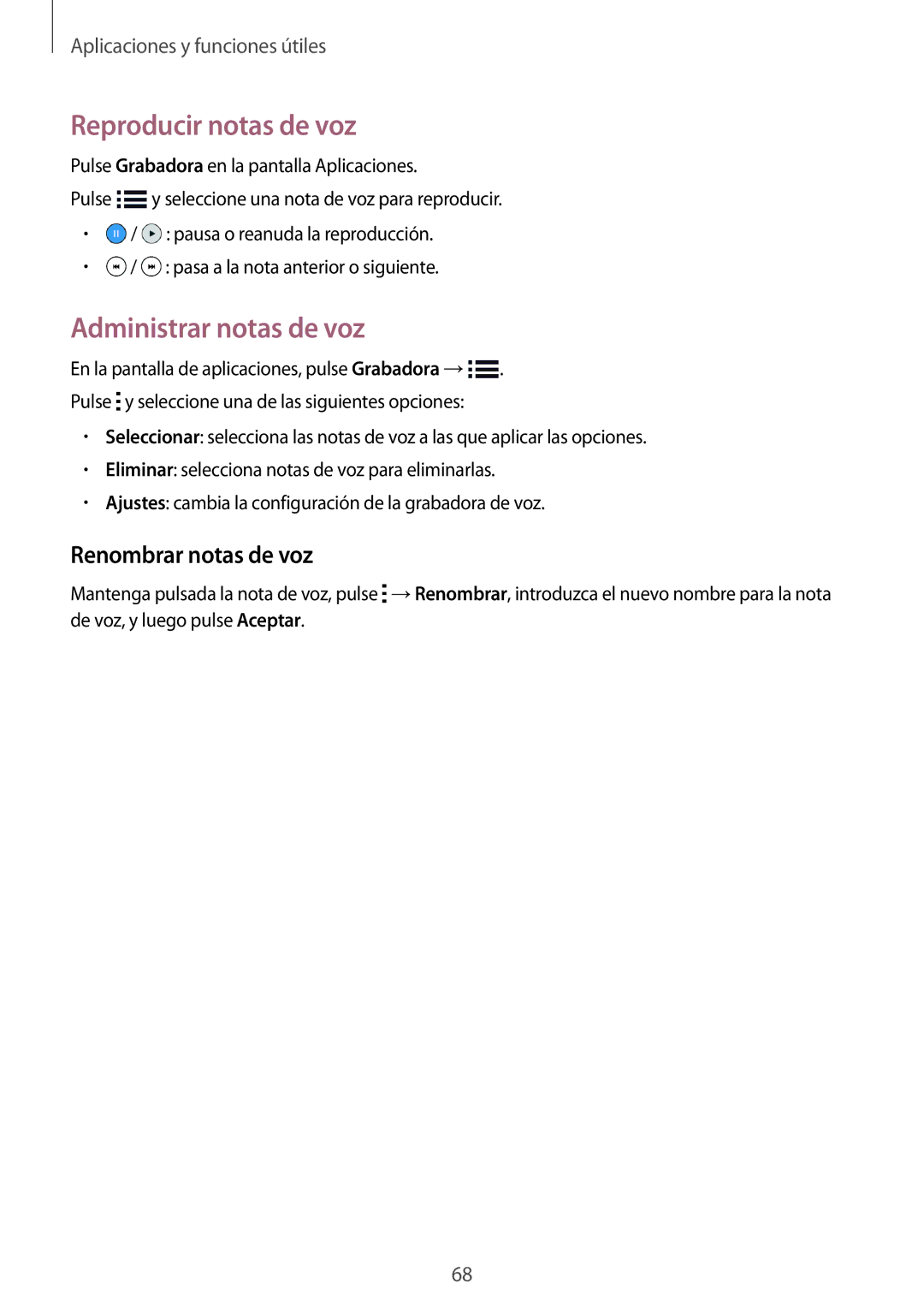 Samsung SM-G110HZWAPHE manual Reproducir notas de voz, Administrar notas de voz, Renombrar notas de voz 