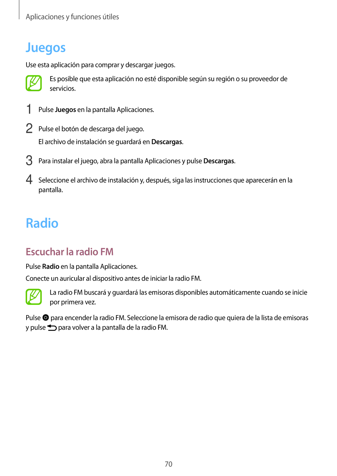 Samsung SM-G110HZWAPHE manual Juegos, Radio, Escuchar la radio FM 