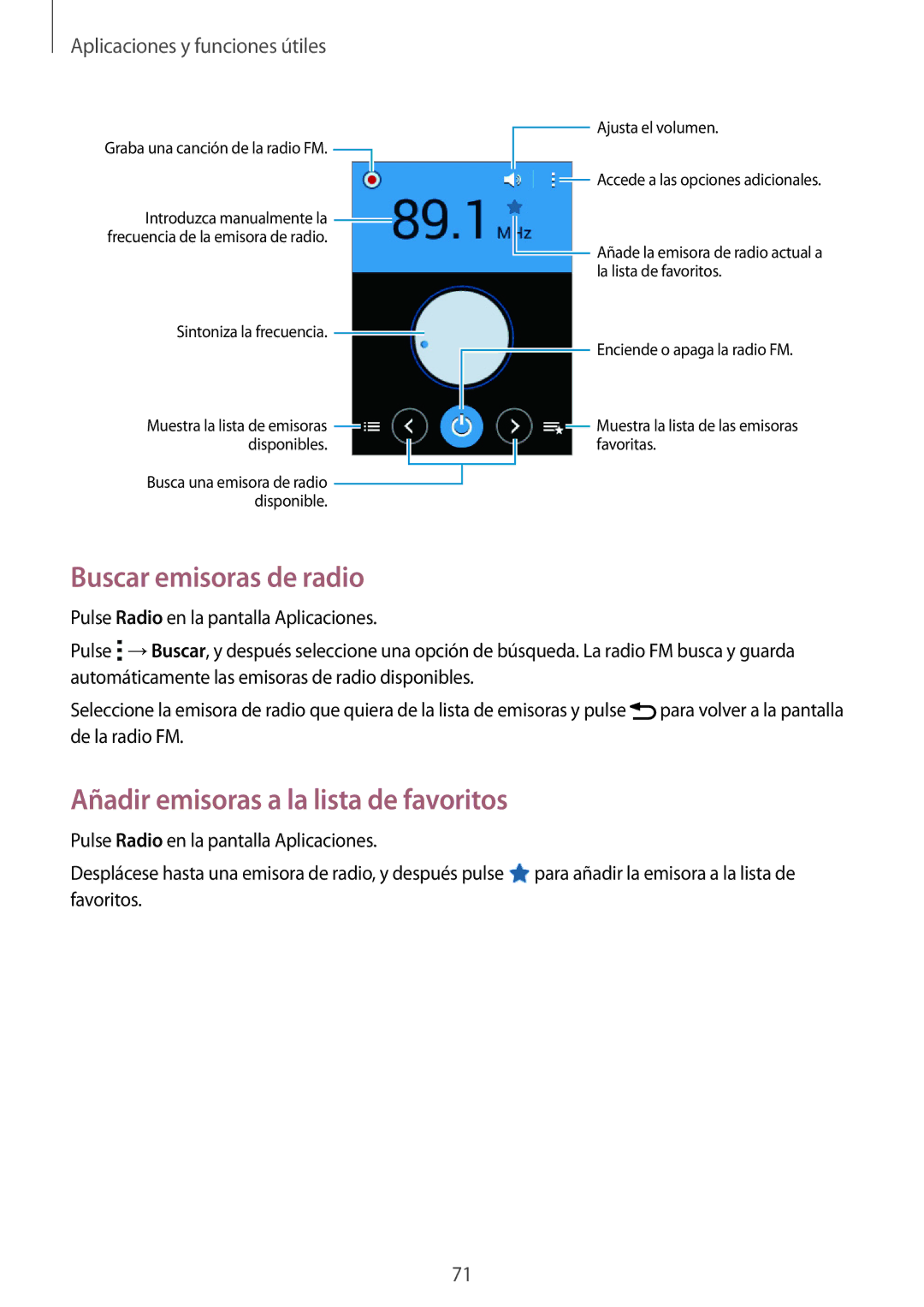 Samsung SM-G110HZWAPHE manual Buscar emisoras de radio, Añadir emisoras a la lista de favoritos 