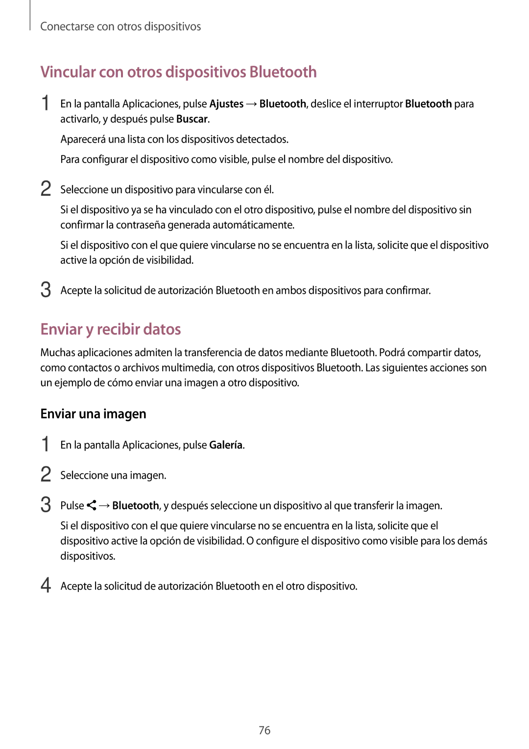 Samsung SM-G110HZWAPHE manual Vincular con otros dispositivos Bluetooth, Enviar y recibir datos, Enviar una imagen 