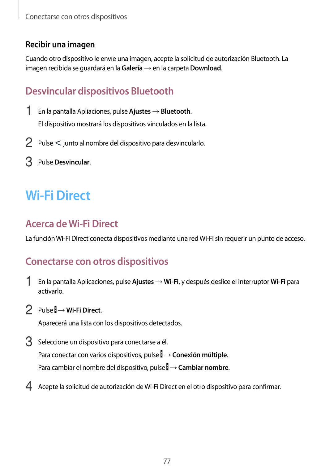 Samsung SM-G110HZWAPHE Desvincular dispositivos Bluetooth, Acerca de Wi-Fi Direct, Conectarse con otros dispositivos 