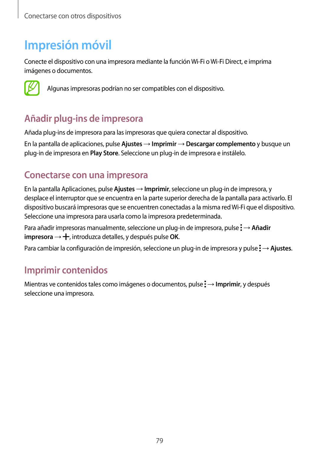 Samsung SM-G110HZWAPHE Impresión móvil, Añadir plug-ins de impresora, Conectarse con una impresora, Imprimir contenidos 