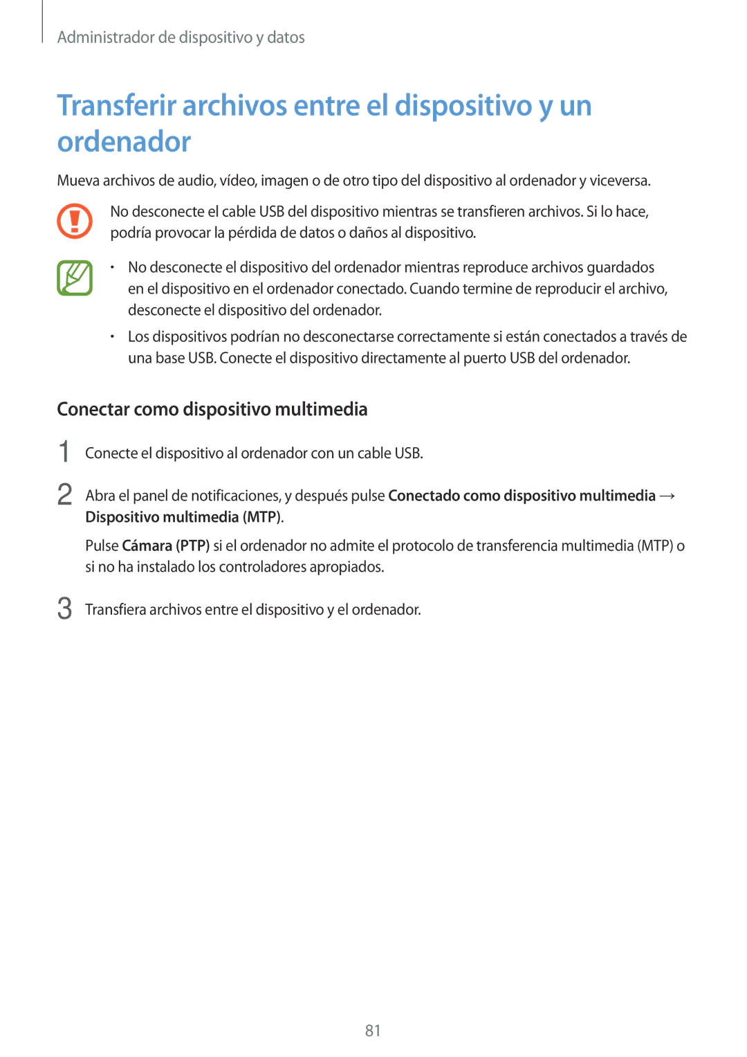 Samsung SM-G110HZWAPHE manual Transferir archivos entre el dispositivo y un ordenador, Conectar como dispositivo multimedia 